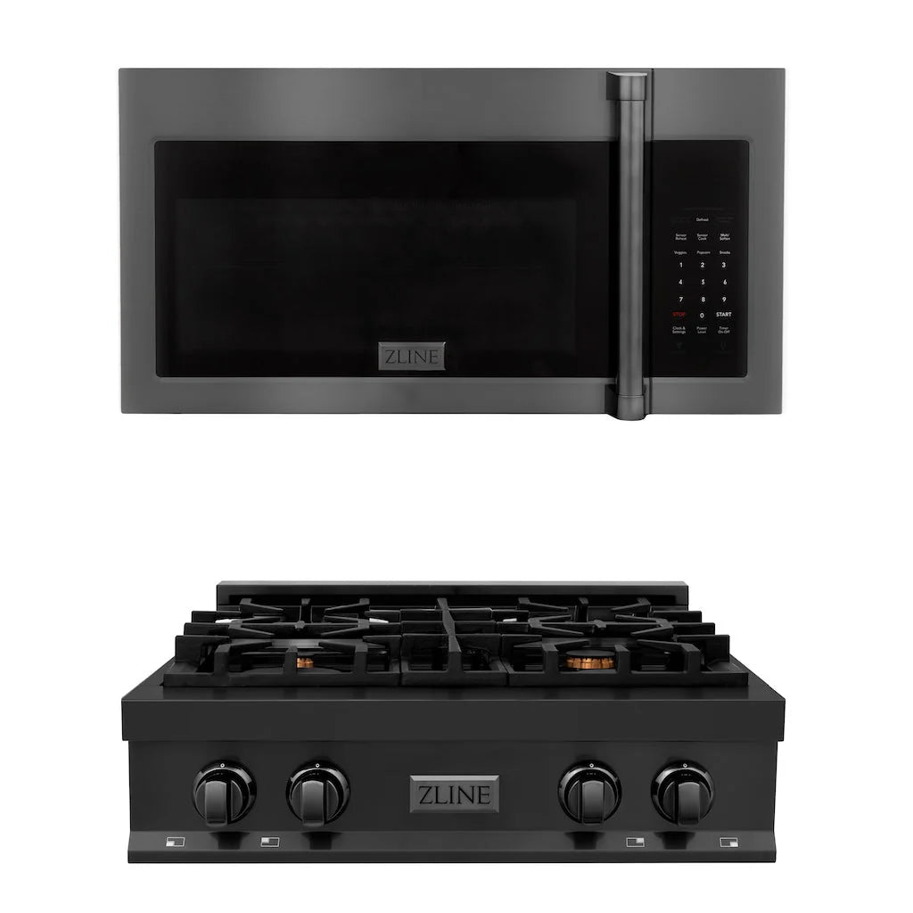 Black stainless steel microwave over gas rangetop with front knobs and vertical handle