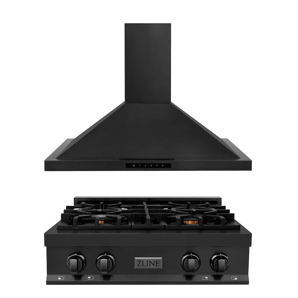 Range hood and black gas rangetop set with knobs and ZLINE logo