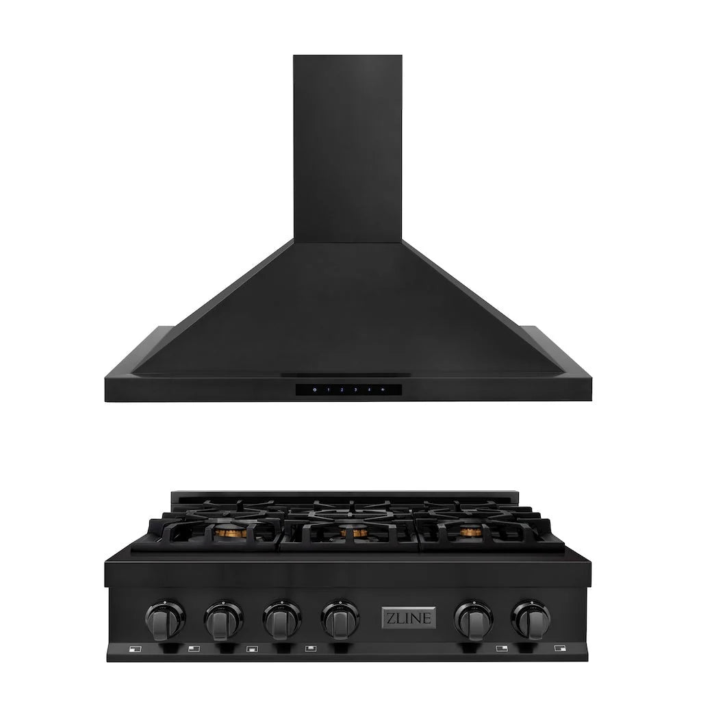 Black range hood paired with ZLINE gas range cooktop and knobs