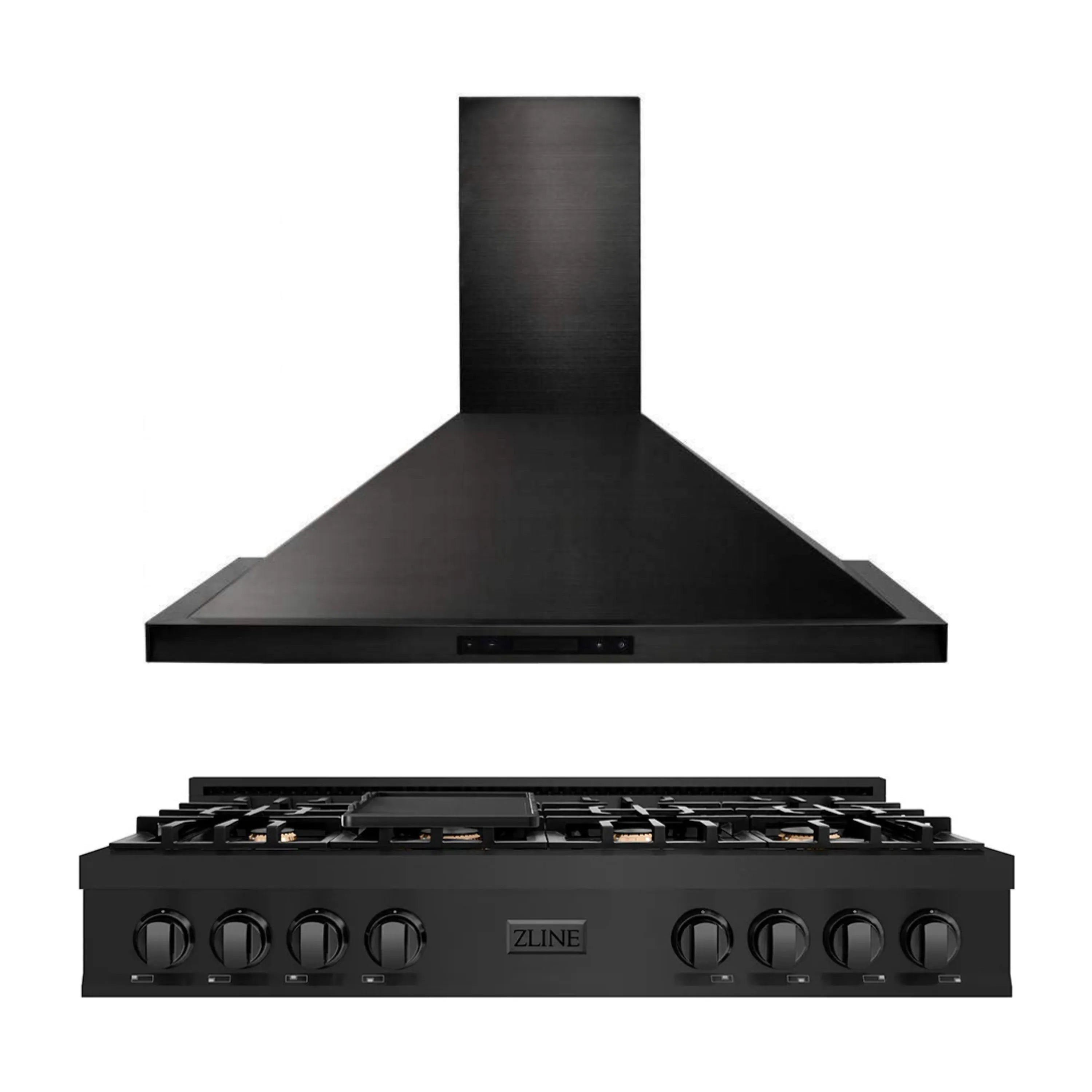 Black stainless range hood and gas rangetop set with six burners and front knobs