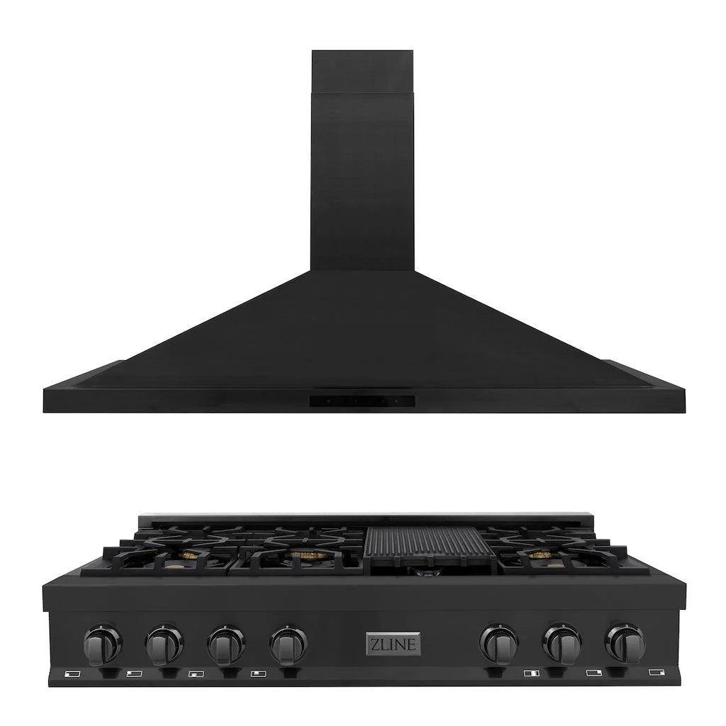Black stainless steel convertible range hood and 48-inch gas rangetop with burners