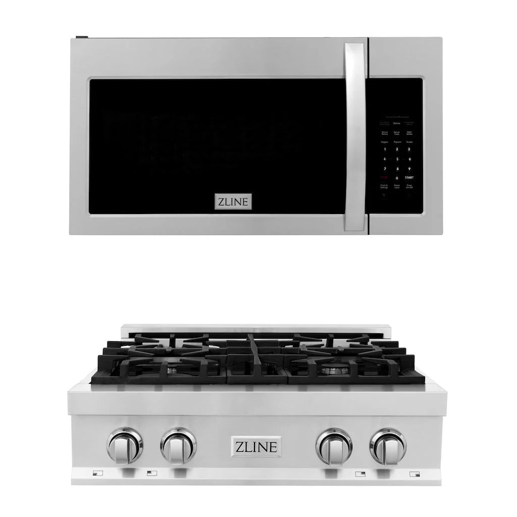 Stainless steel over-the-range microwave with keypad and stainless cooktop control knobs