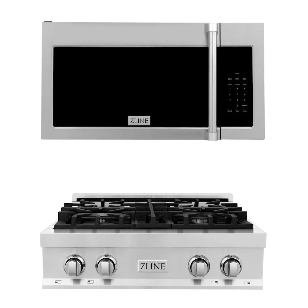 Stainless steel over-the-range microwave and gas rangetop with black grates