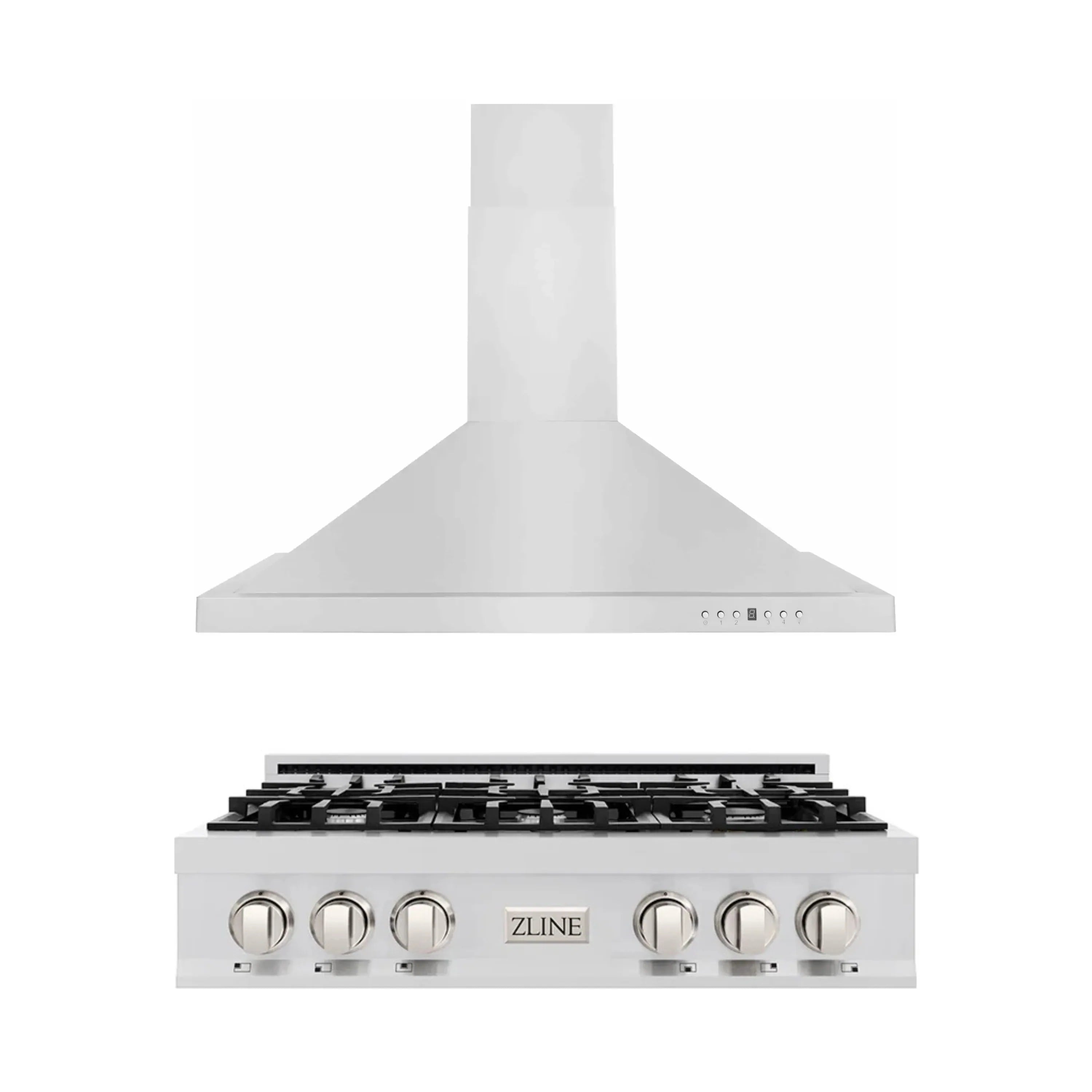 Stainless steel gas rangetop with chimney-style range hood