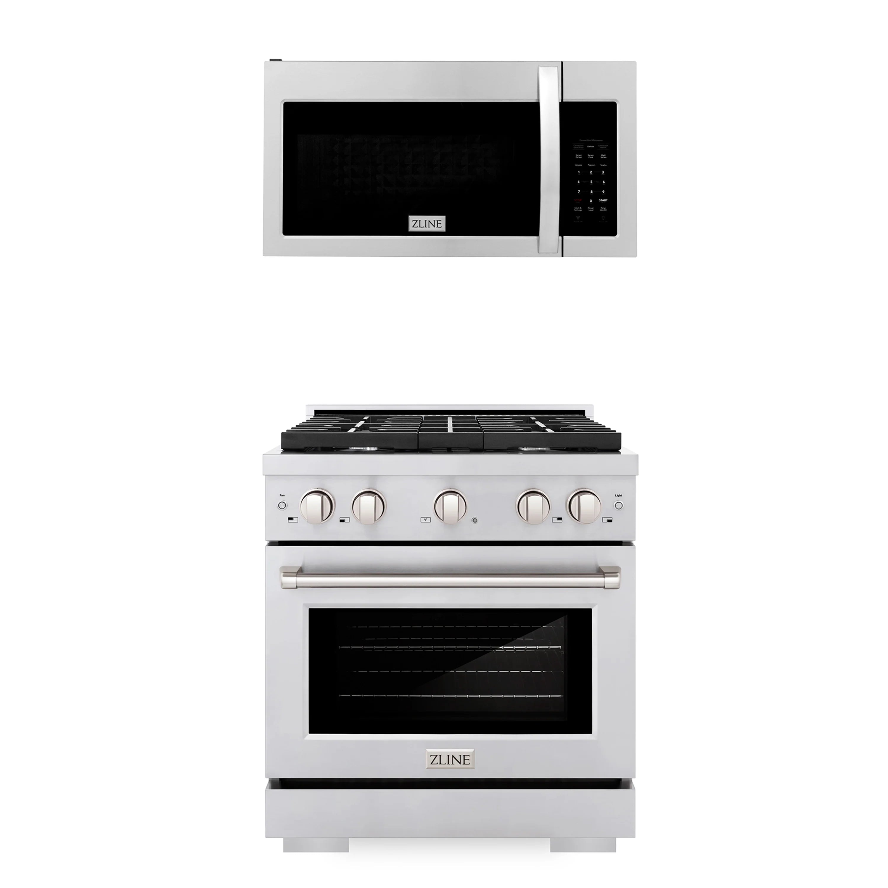 Stainless over-the-range microwave above stainless gas range with front view