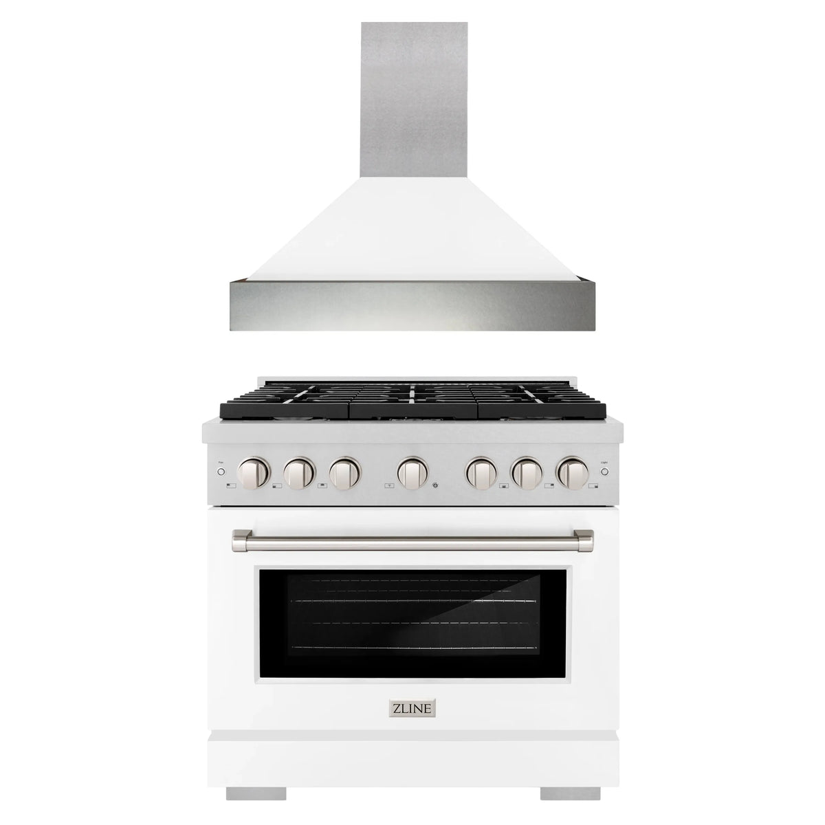ZLINE 2-Piece Appliance Package - 36-inch Gas Range & Premium Range Hood in Satin Stainless Steel with White (2KP-SGRSWMRH36)