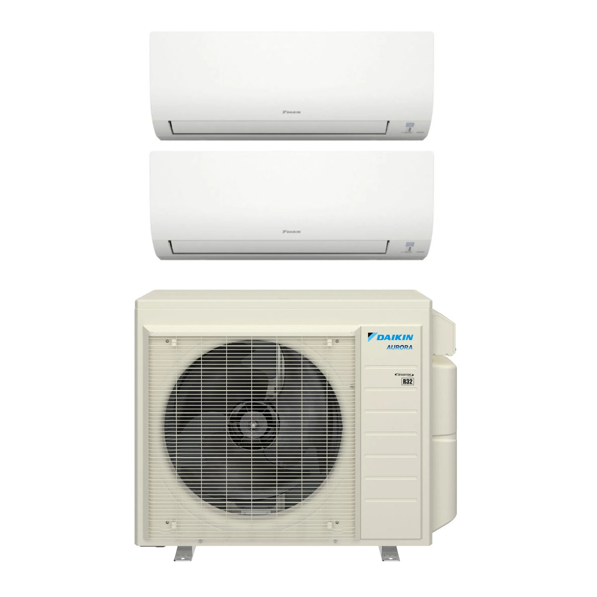 Daikin ductless mini-split set: two white indoor wall units and outdoor condenser