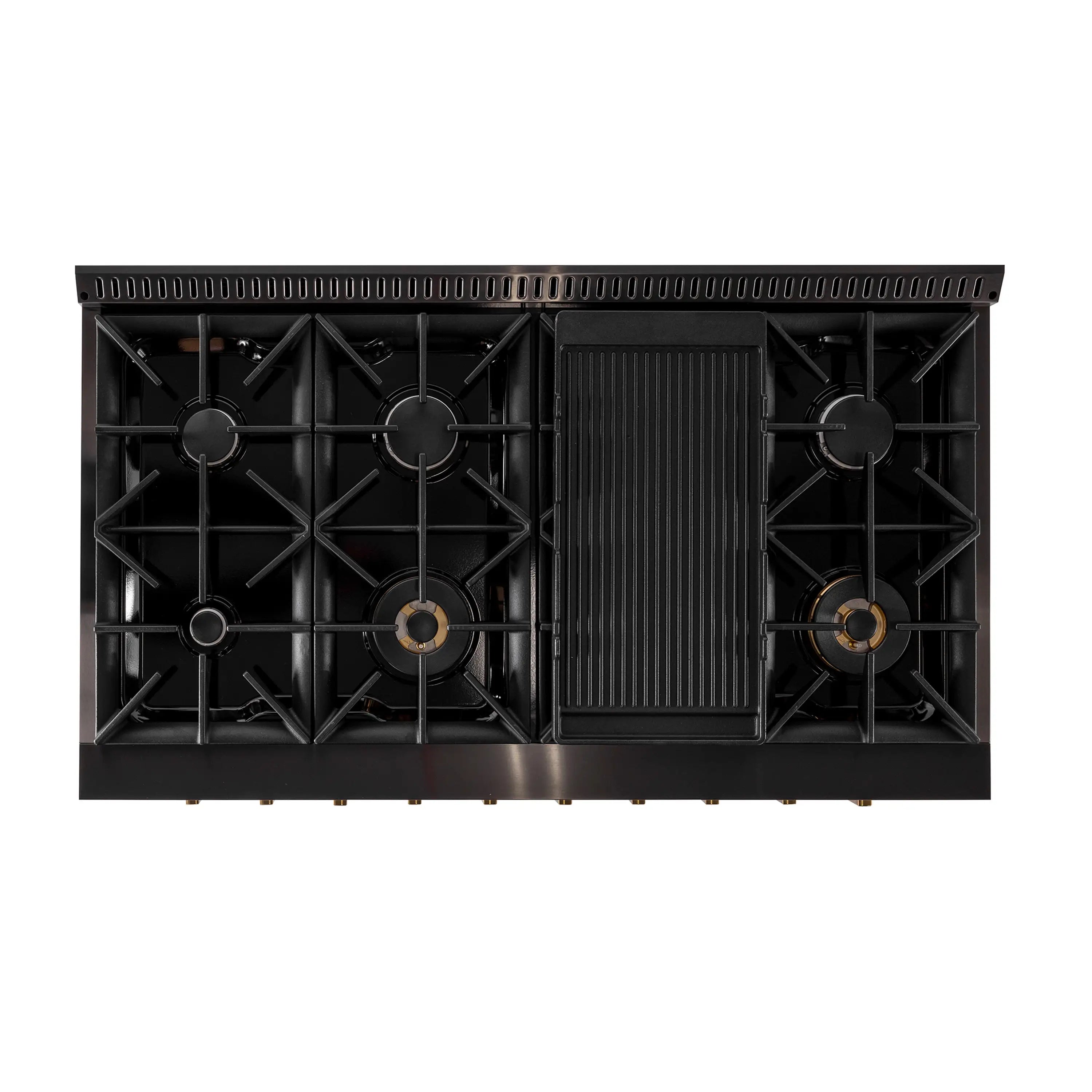 Propane gas range cooktop interior with burner grates and center griddle plate