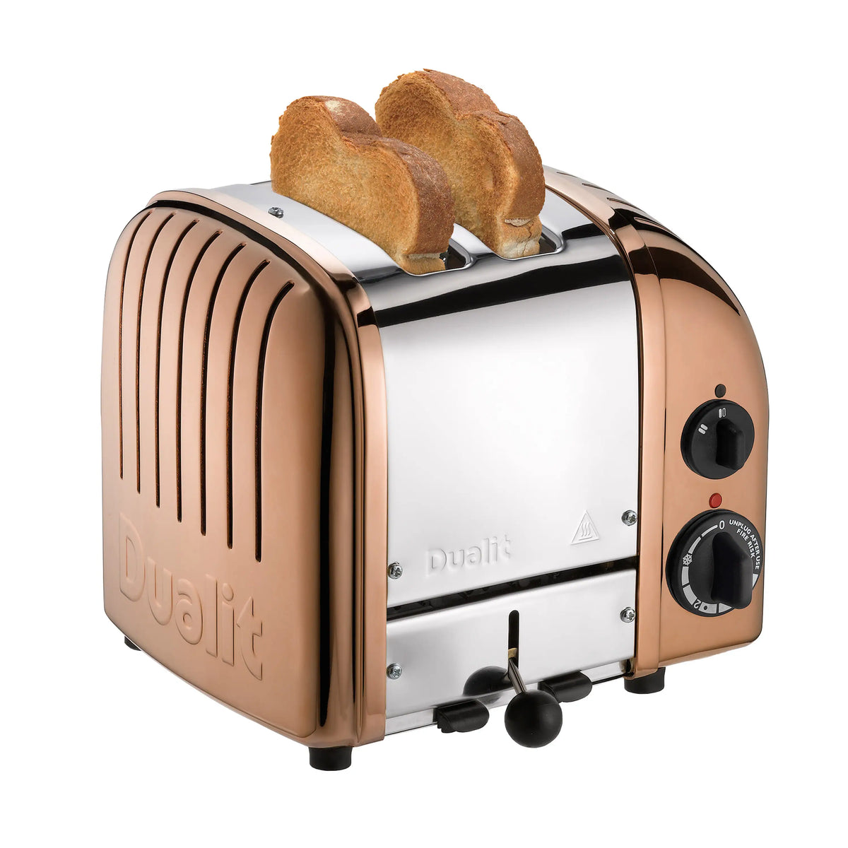 Copper and chrome Dualit 2-slice toaster with two toasted bread slices raised