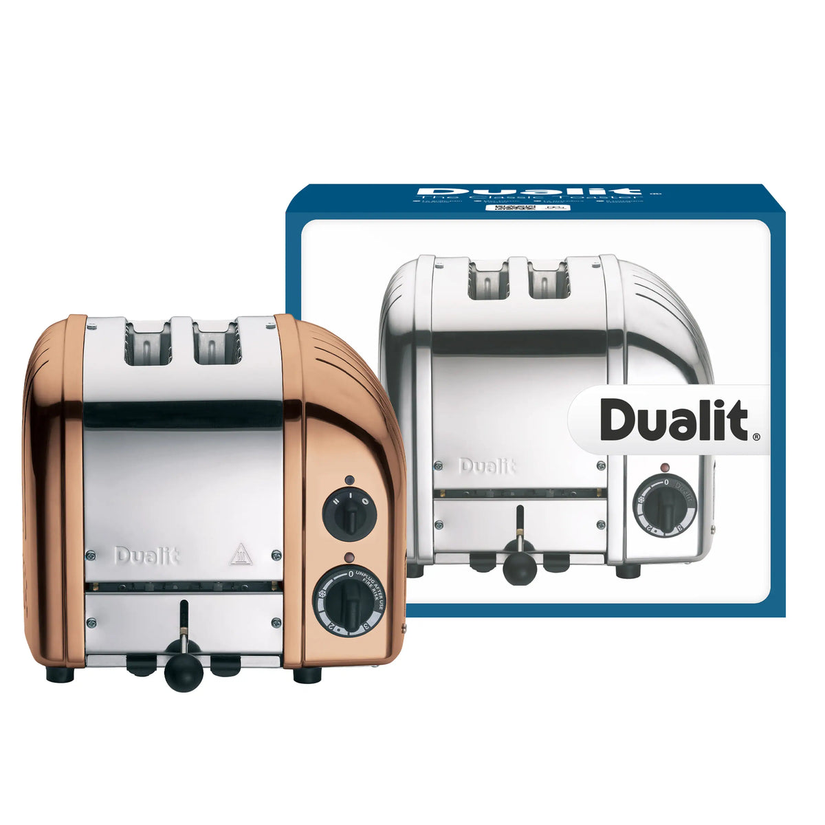 Dualit 2-slice copper toaster shown on retail packaging with dual control knobs