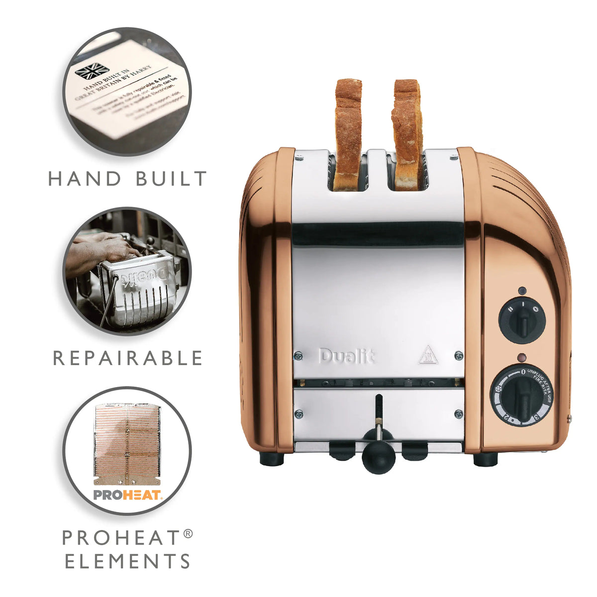 Copper Dualit 2-slice toaster on retail graphic, with dual control dials
