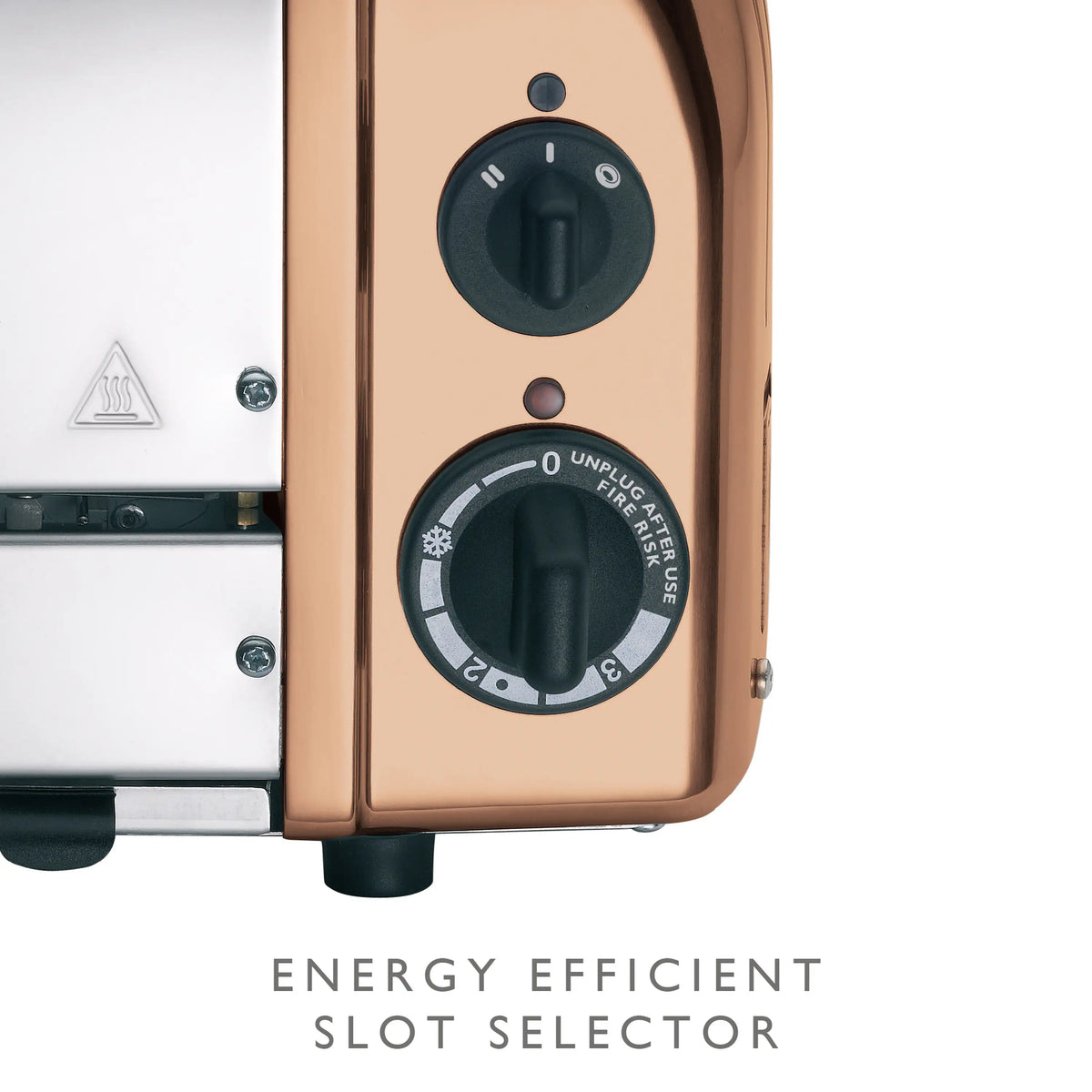 Copper 2-slice toaster with slot selector dial and timer knob
