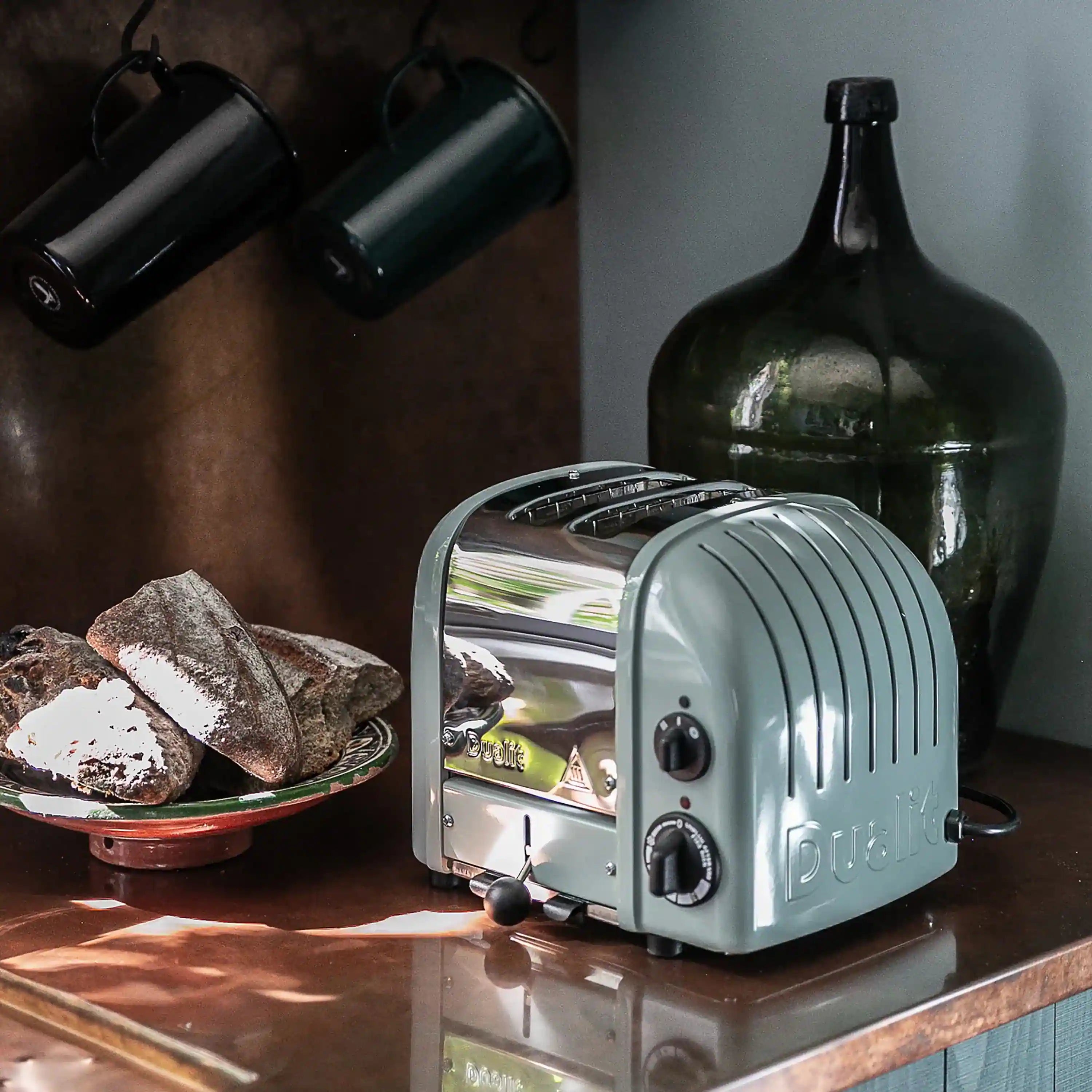 Eucalyptus Dualit 2-slice toaster with chrome sides and black control knob