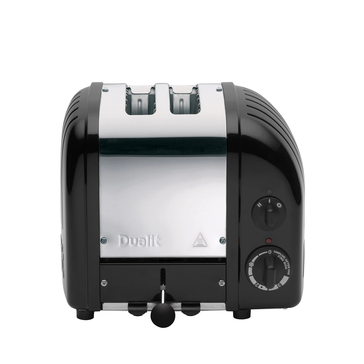 Matte black 2-slice toaster front view with browning dial and pop-up lever