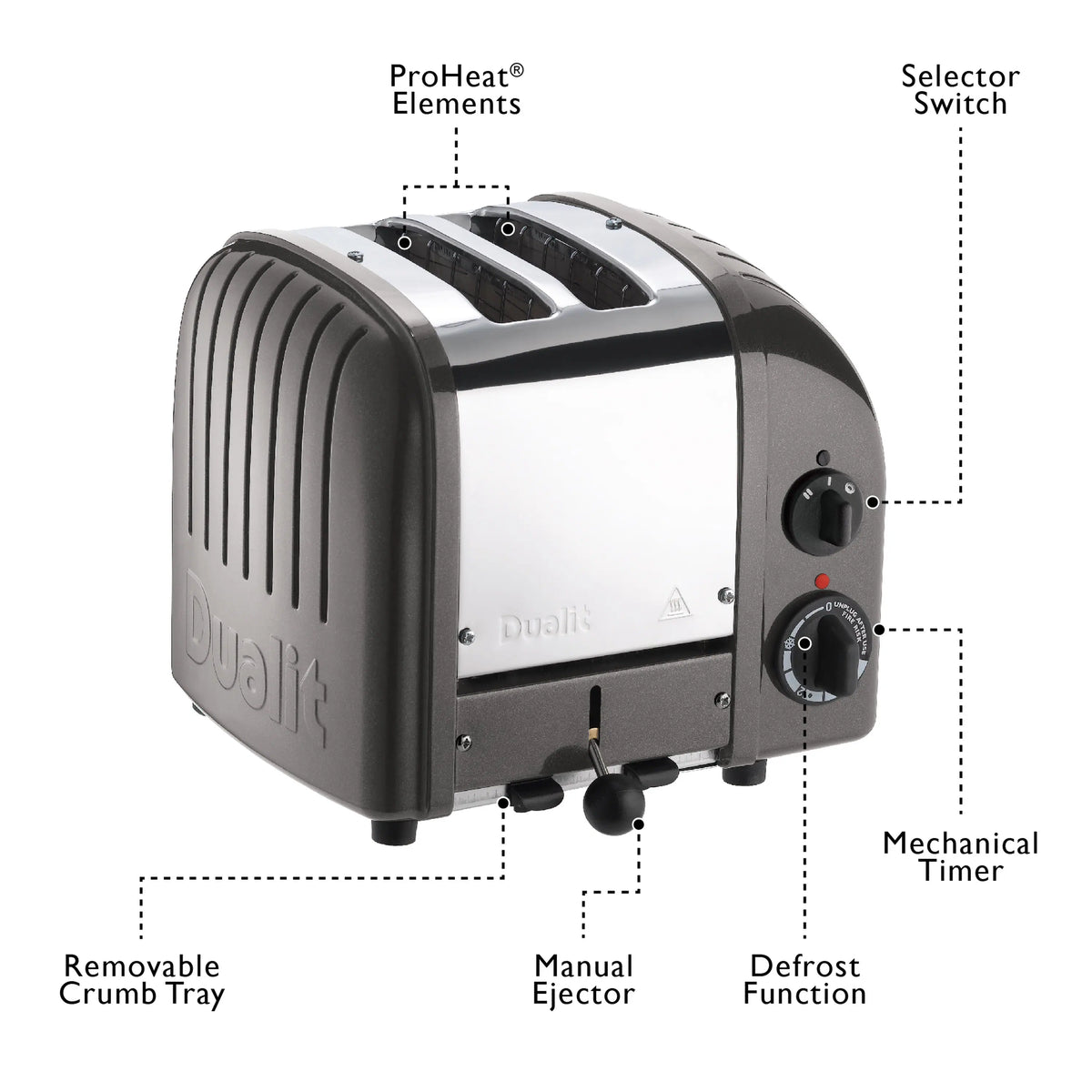 Dualit 2-slice toaster with selector switch, mechanical timer, defrost and manual eject.