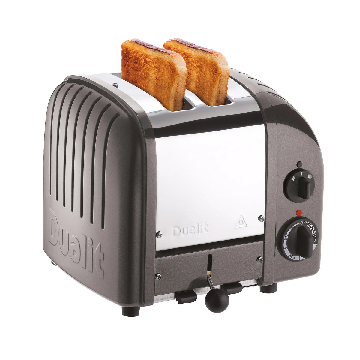 Dualit 2-slice toaster in metallic charcoal with bread slices on raised racks.