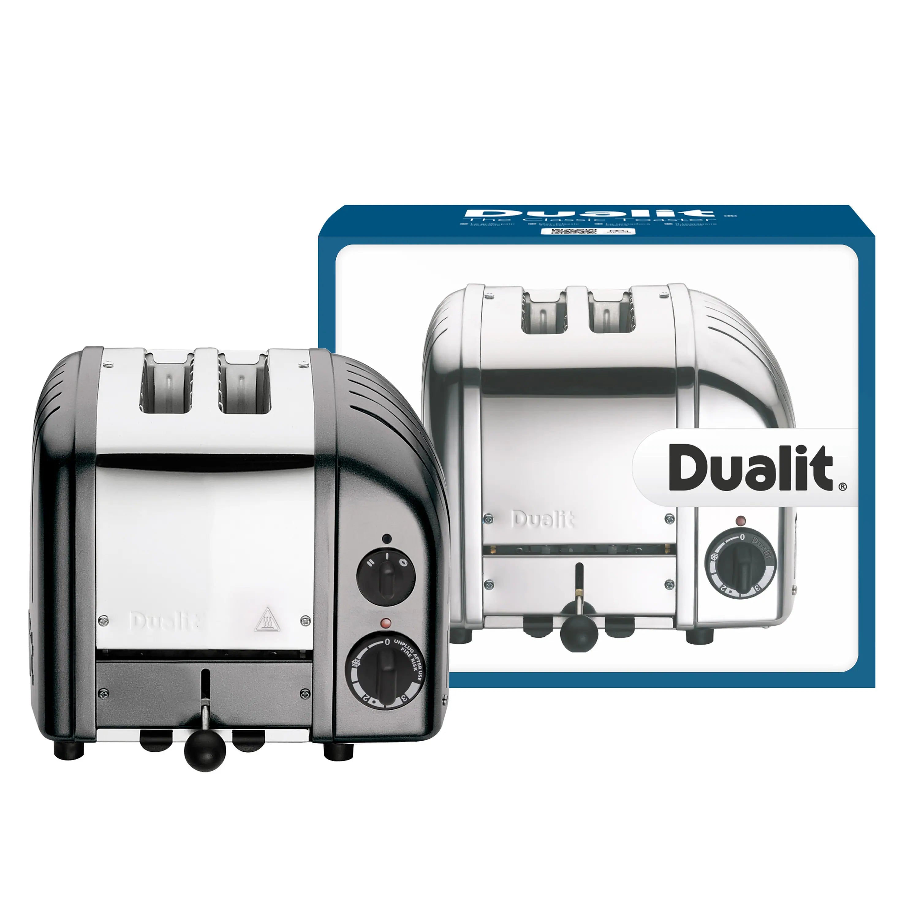 Dualit 2-slice toaster, metallic charcoal with chrome front, side-by-side view.