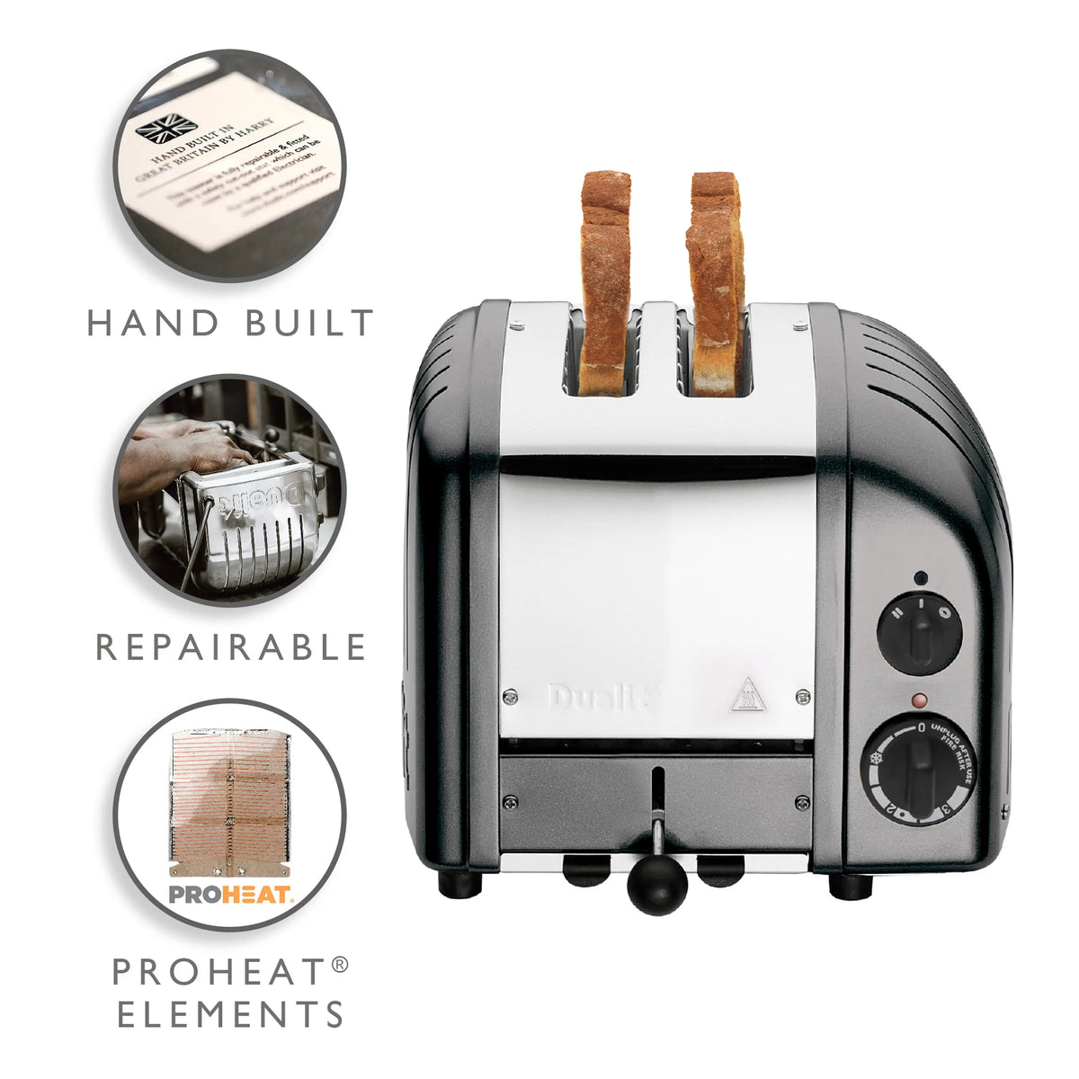 Dualit metallic charcoal 2-slice toaster with toasting slots and control dials