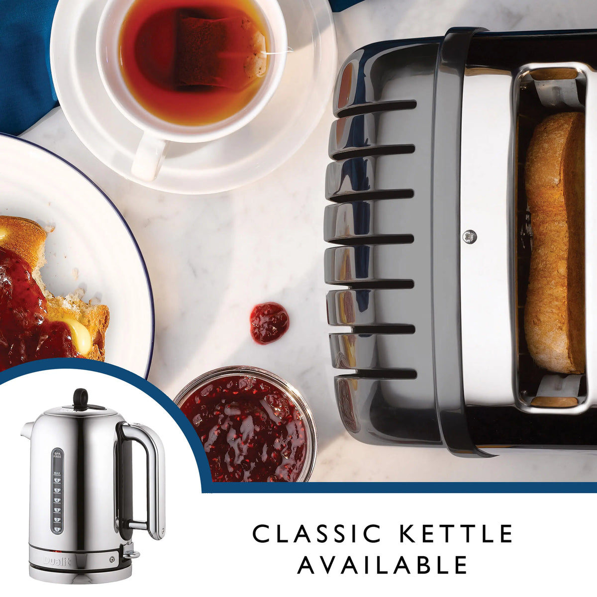 Dualit 2-slice toaster in metallic charcoal with toast in the slots