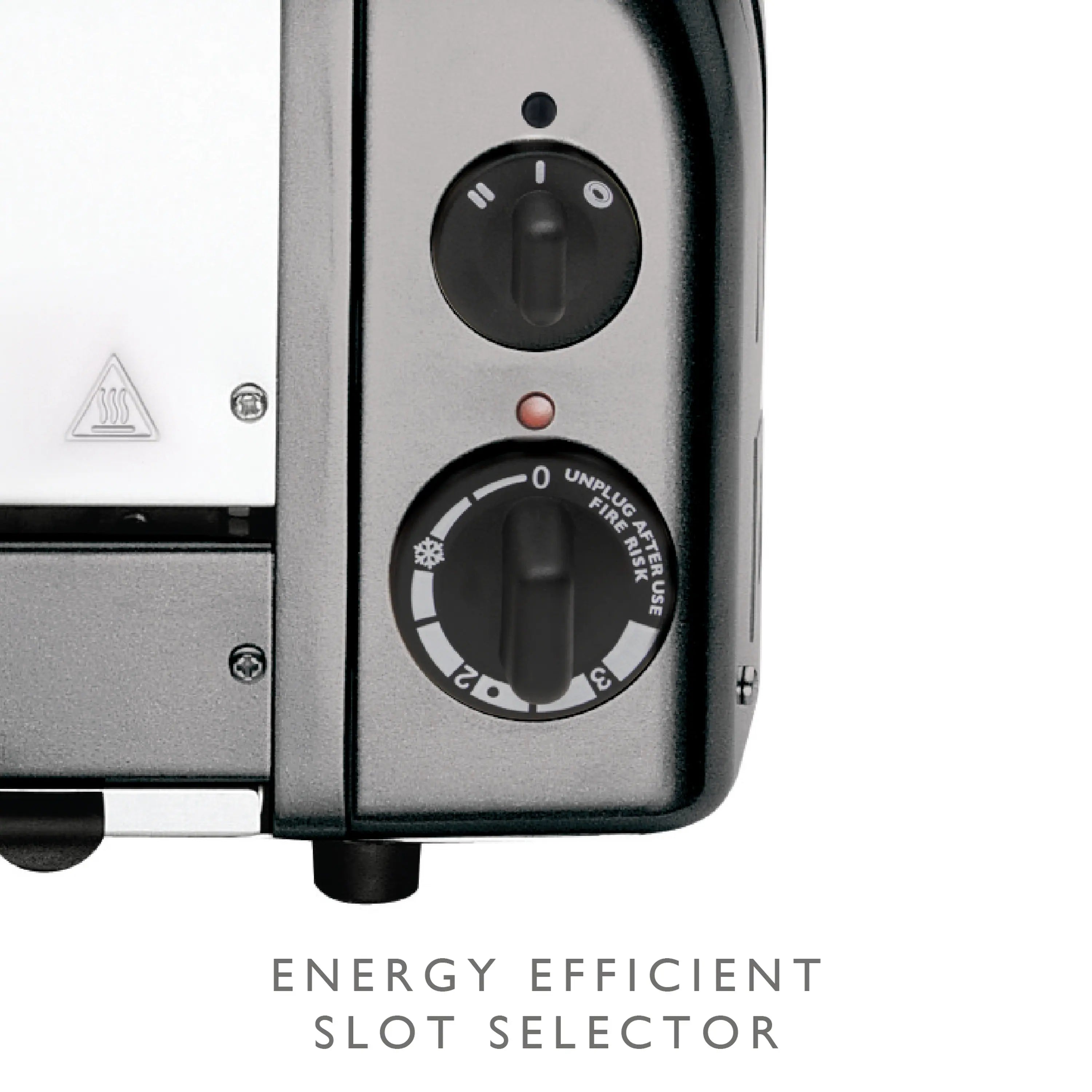 Dualit 2-slice toaster control panel with power switch and browning selector dial