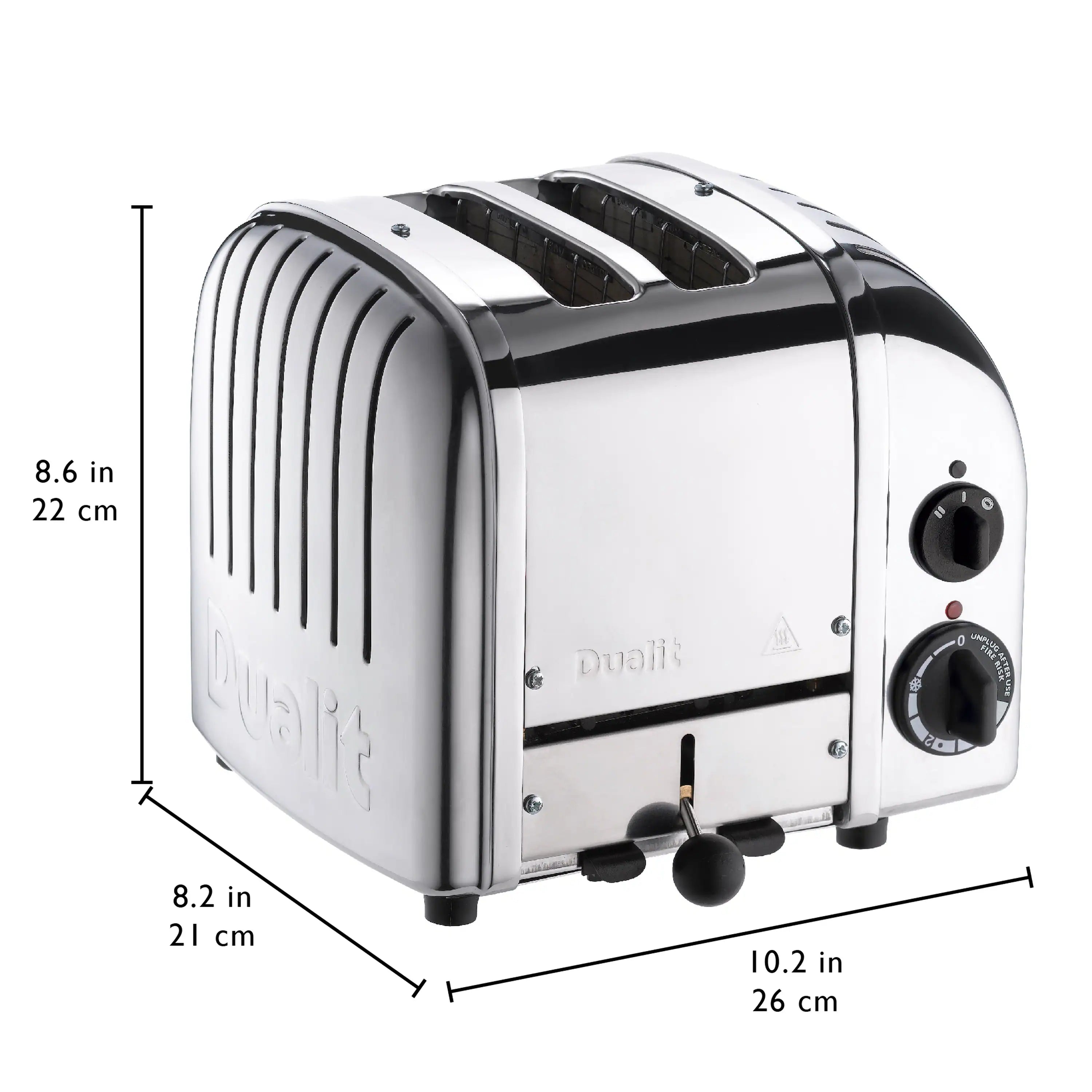 Chrome Dualit 2-slice toaster with two dials; size measurements shown (8.6 in)