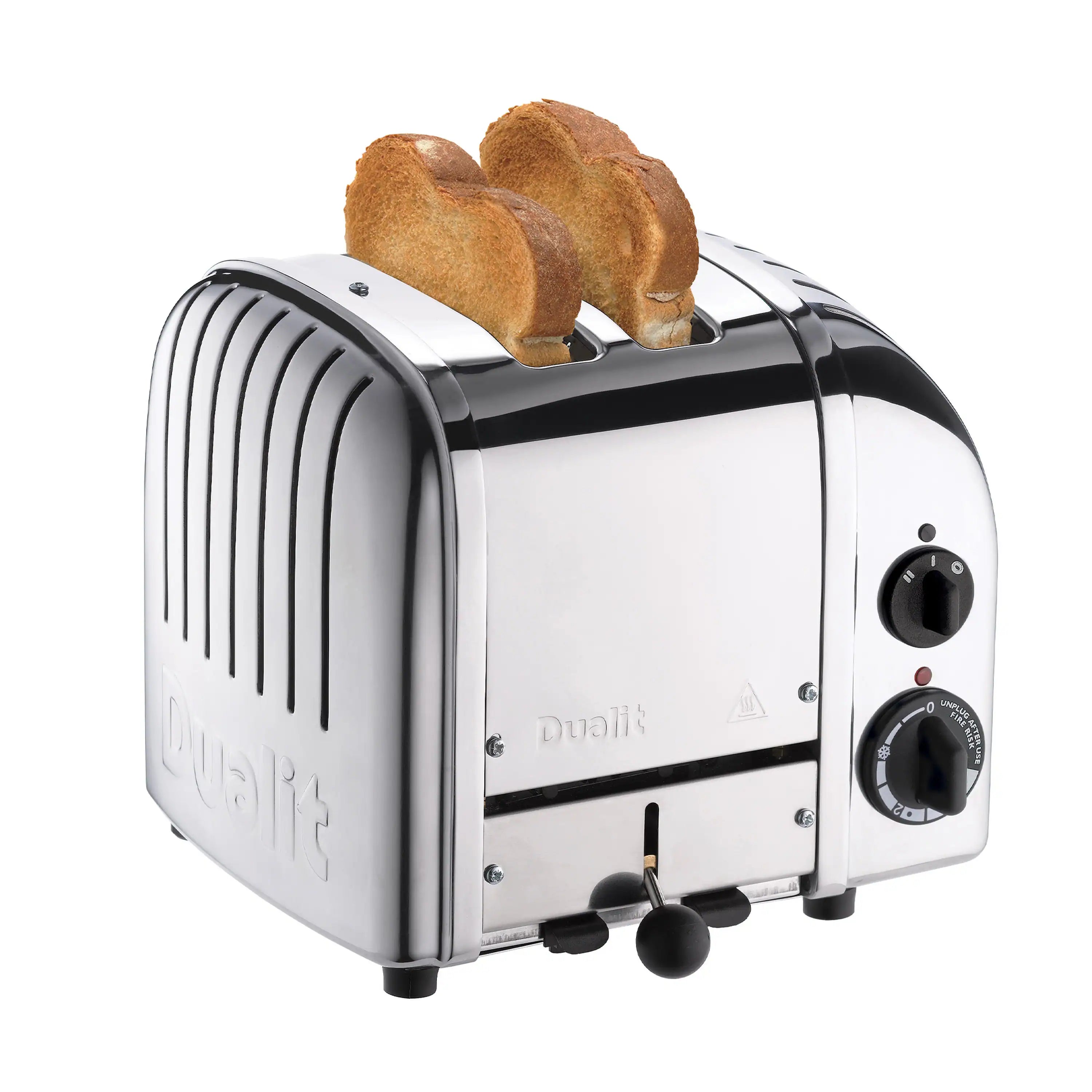 Chrome 2-slice toaster with toast in both slots and front control dials