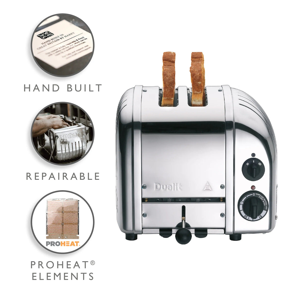 Chrome 2-slice toaster with bread slices in slots and two front control dials