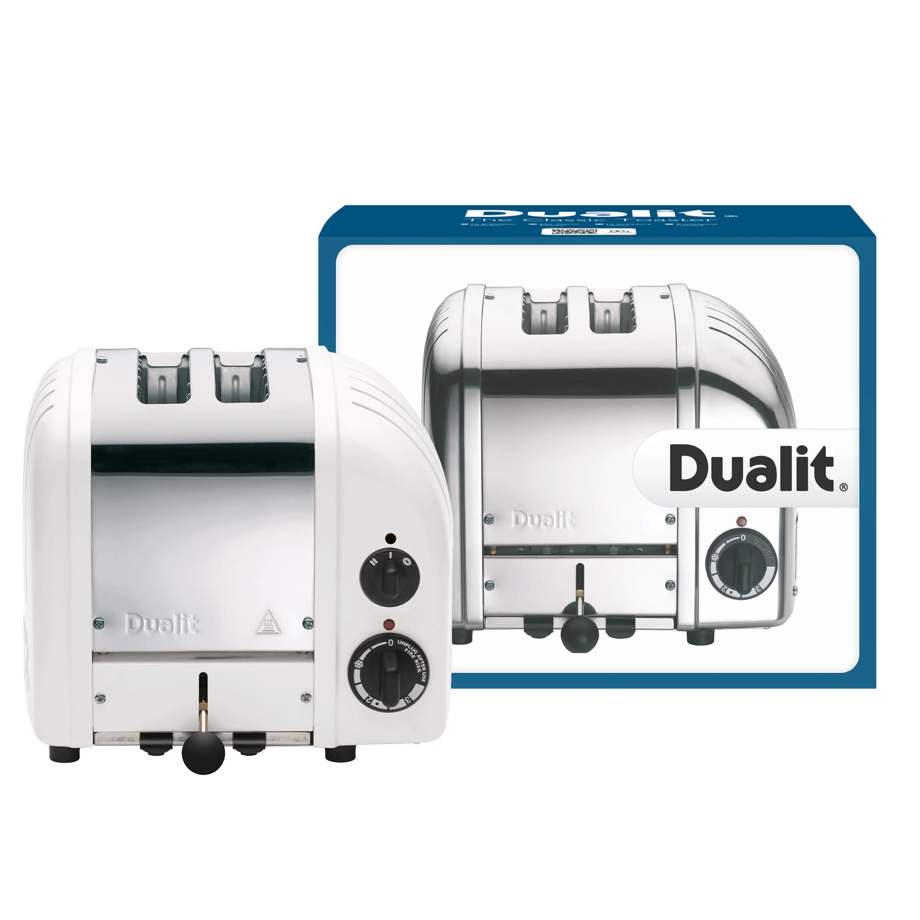 Dualit 2-slice white toaster with two slots and side-mounted dark control dials