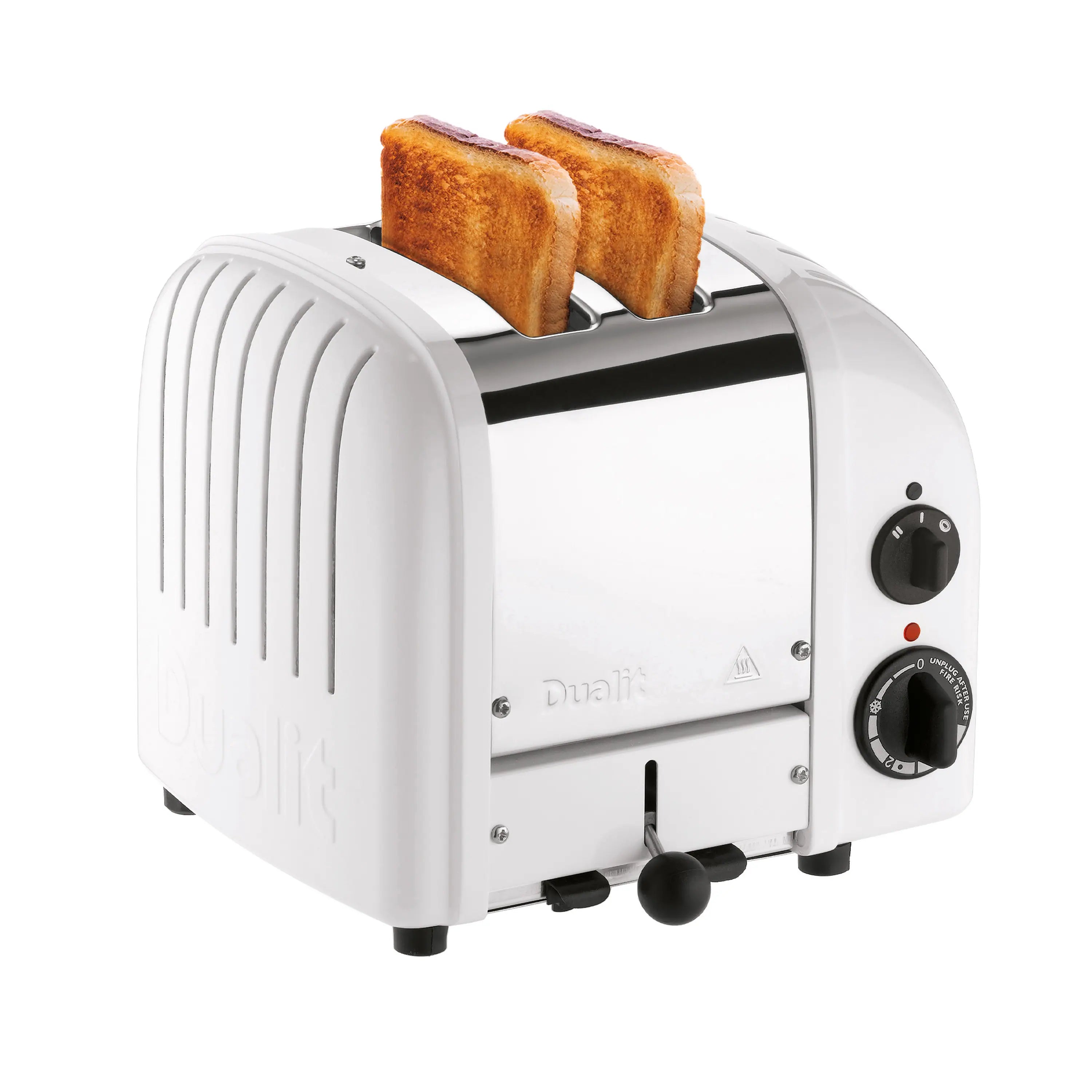 Dualit 2-slice white toaster with golden toast slices in the slots