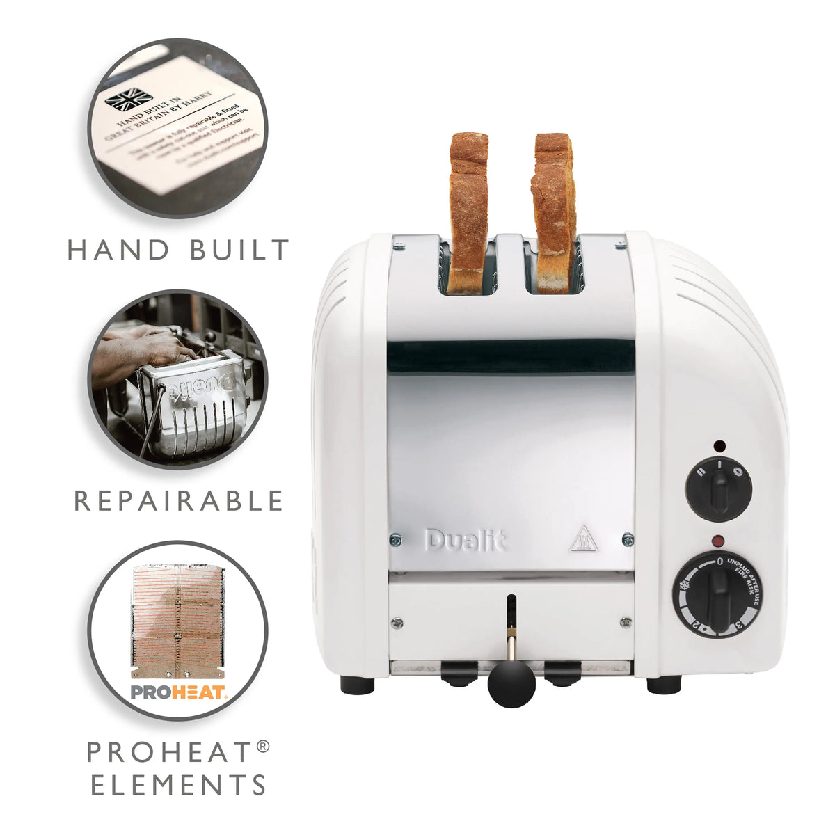 White 2-slice toaster with two slots, side control dials, and toast slices inserted