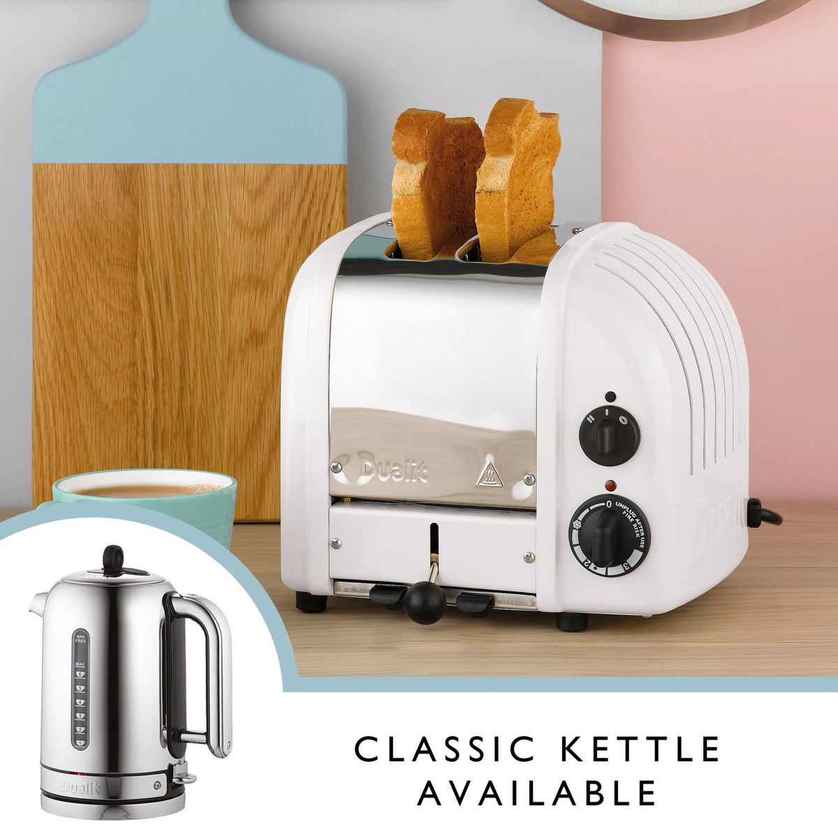 White 2-slice toaster with toast in slots and side control dials