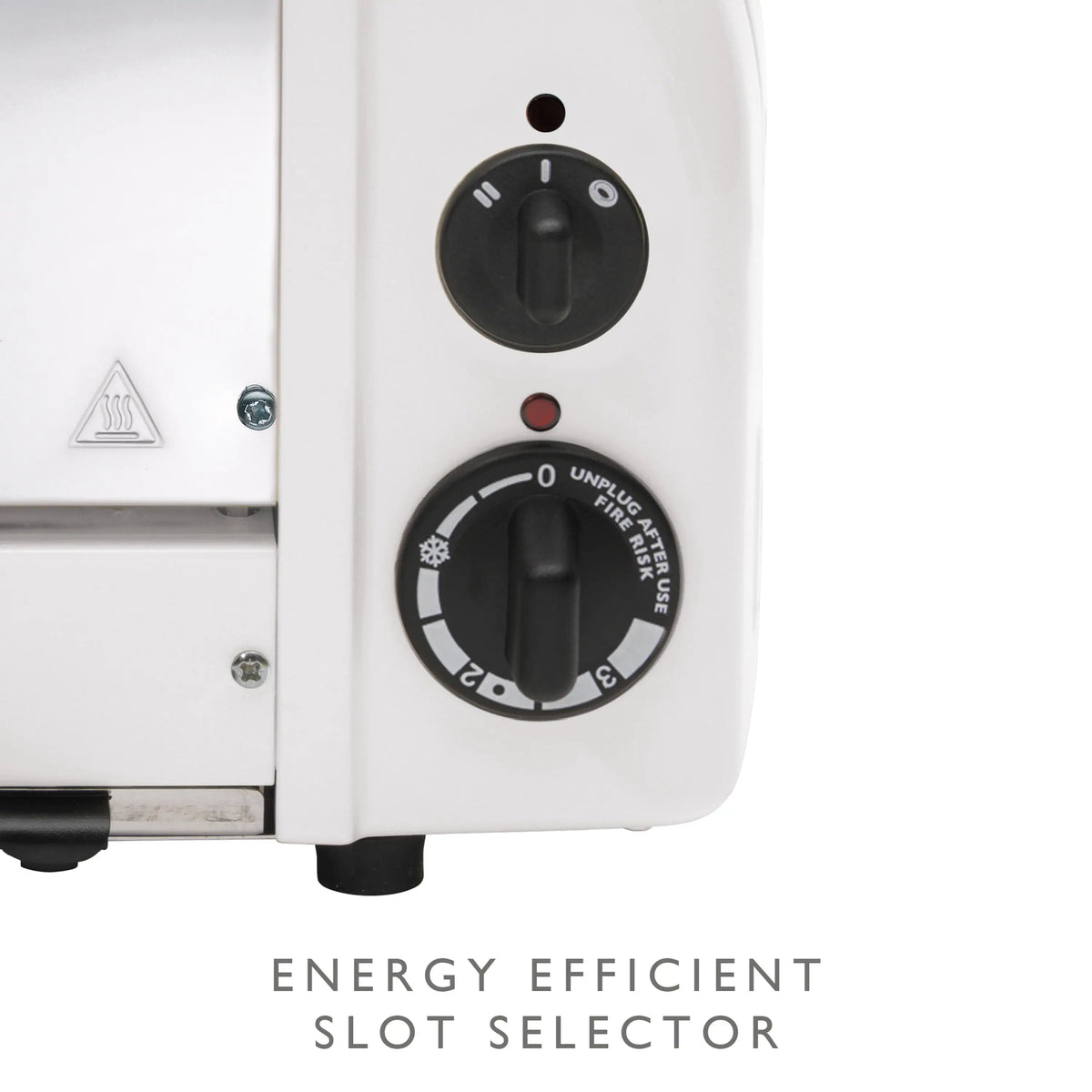 White toaster side close-up with energy efficiency dial and slot selector knob