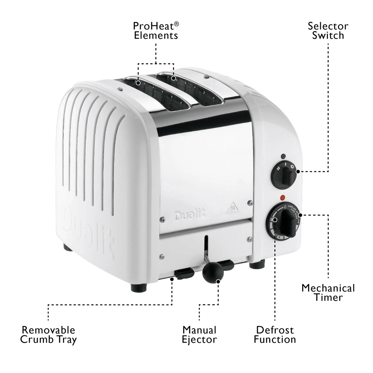 Dualit 2-slice white toaster with ProHeat elements, selector switch, and timer controls
