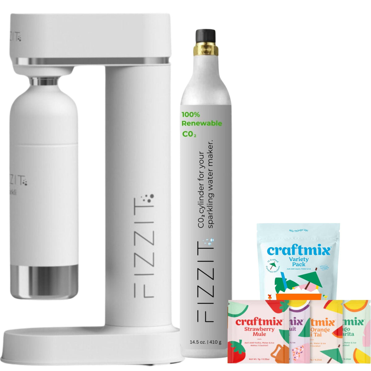 Fizzit Spärklï Sparkling Water Maker Fizz & Flavor Bundle with 60L CO2 Cylinder and 12-Pack CraftMix Drink Mixes
