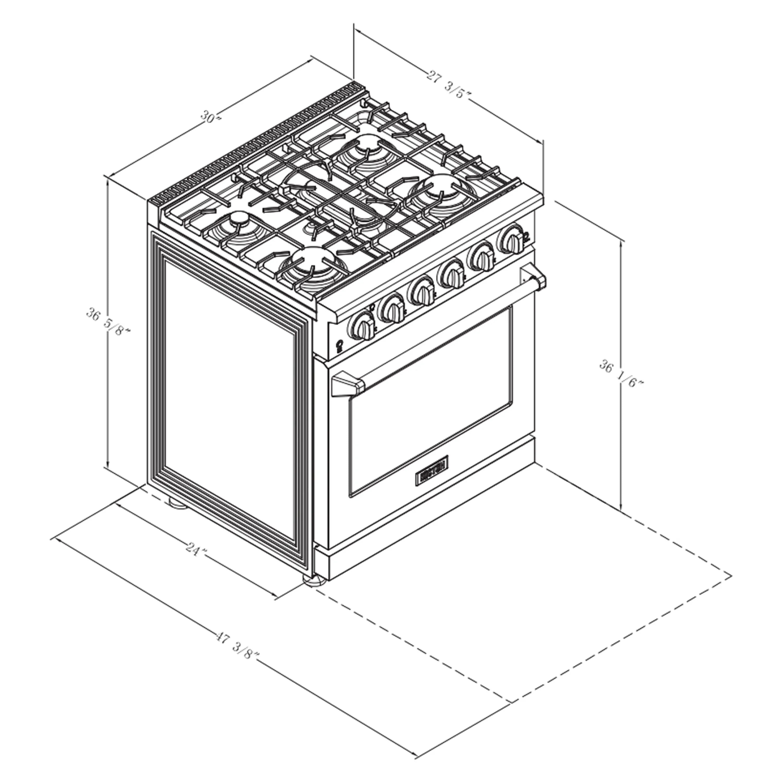 White propane gas range with 5 burners and convection oven, dimension diagram.
