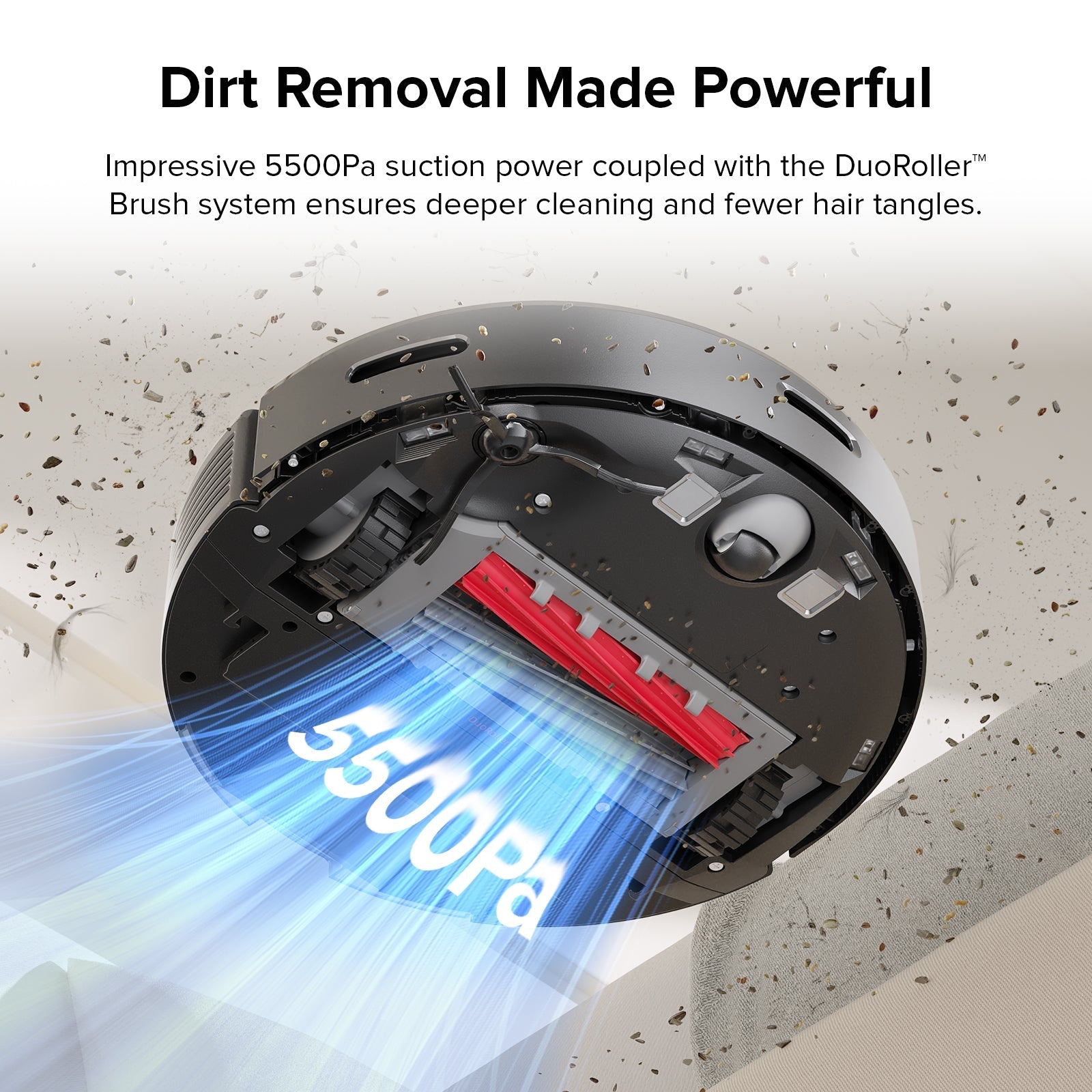 Roborock robot vacuum top view with dual roller brush, red bristles and gray body