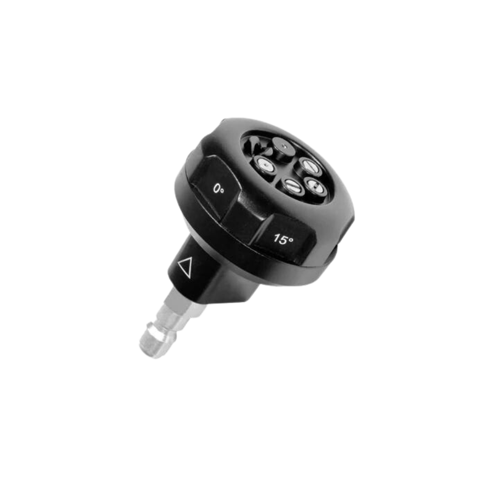 Black pressure washer spray nozzle with rotating head and 0°/15° setting marks.