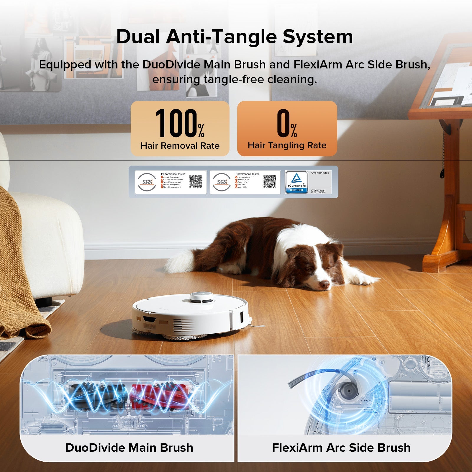Roborock robot vacuum with dual anti-tangle brushes and edge cleaning side brush