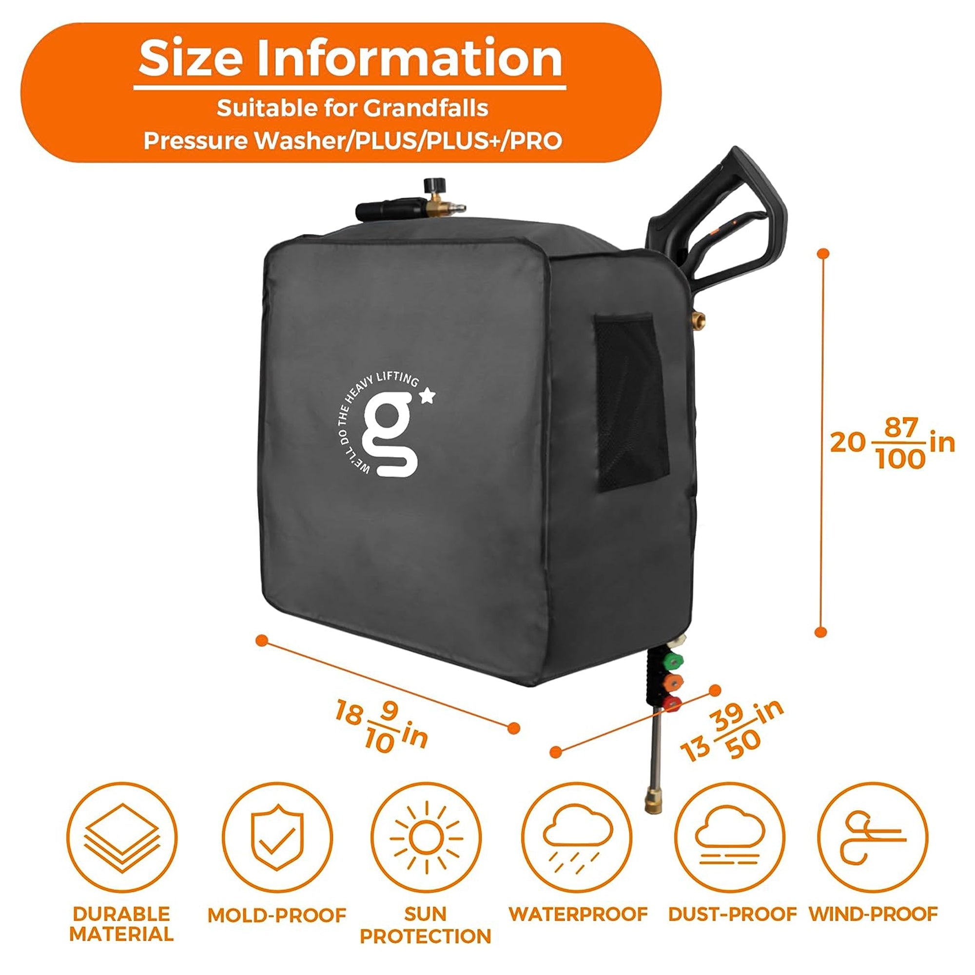 Pressure washer cover in dark fabric, with carry handle and side compartments for storage.