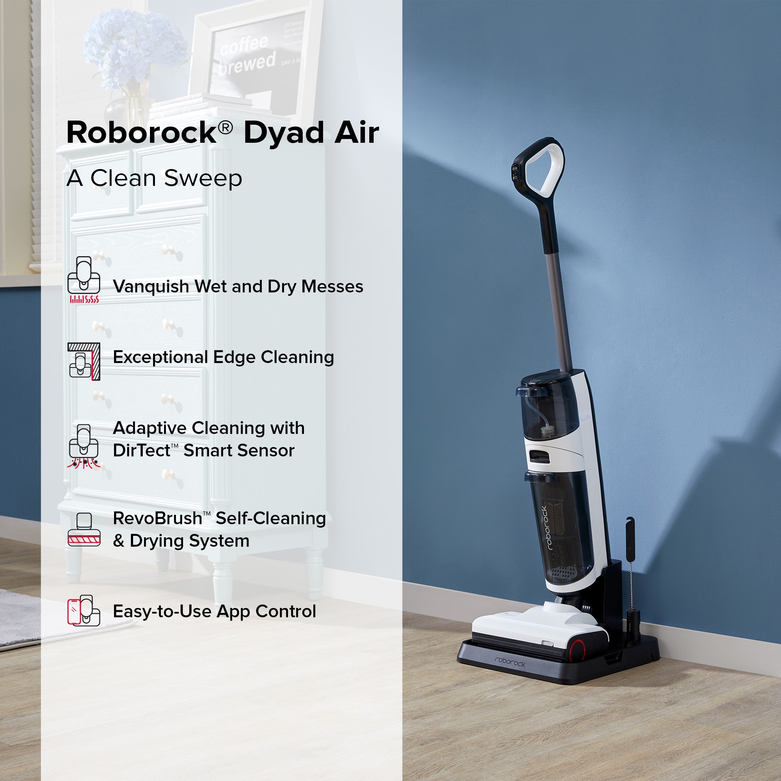 Upright wet and dry vacuum cleaner standing upright, black canister and white base