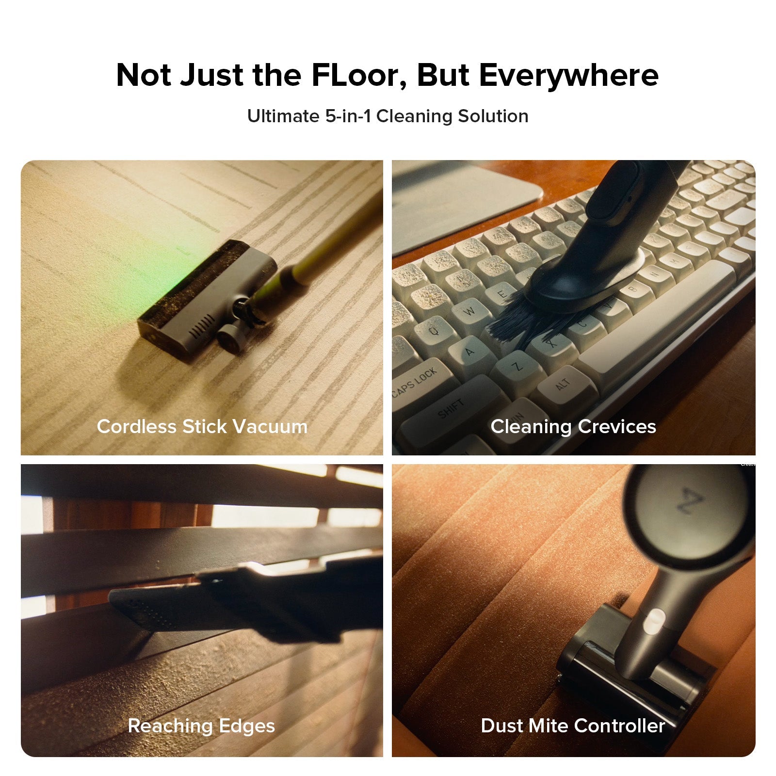 Cordless stick vacuum cleaning edges and crevices on furniture and tight spaces