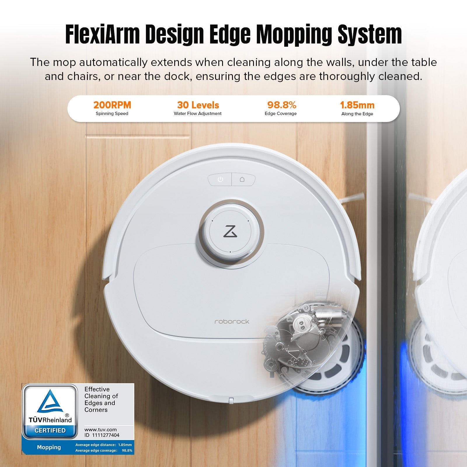 White robotic vacuum cleaner with circular top and edge mopping side brush attachment