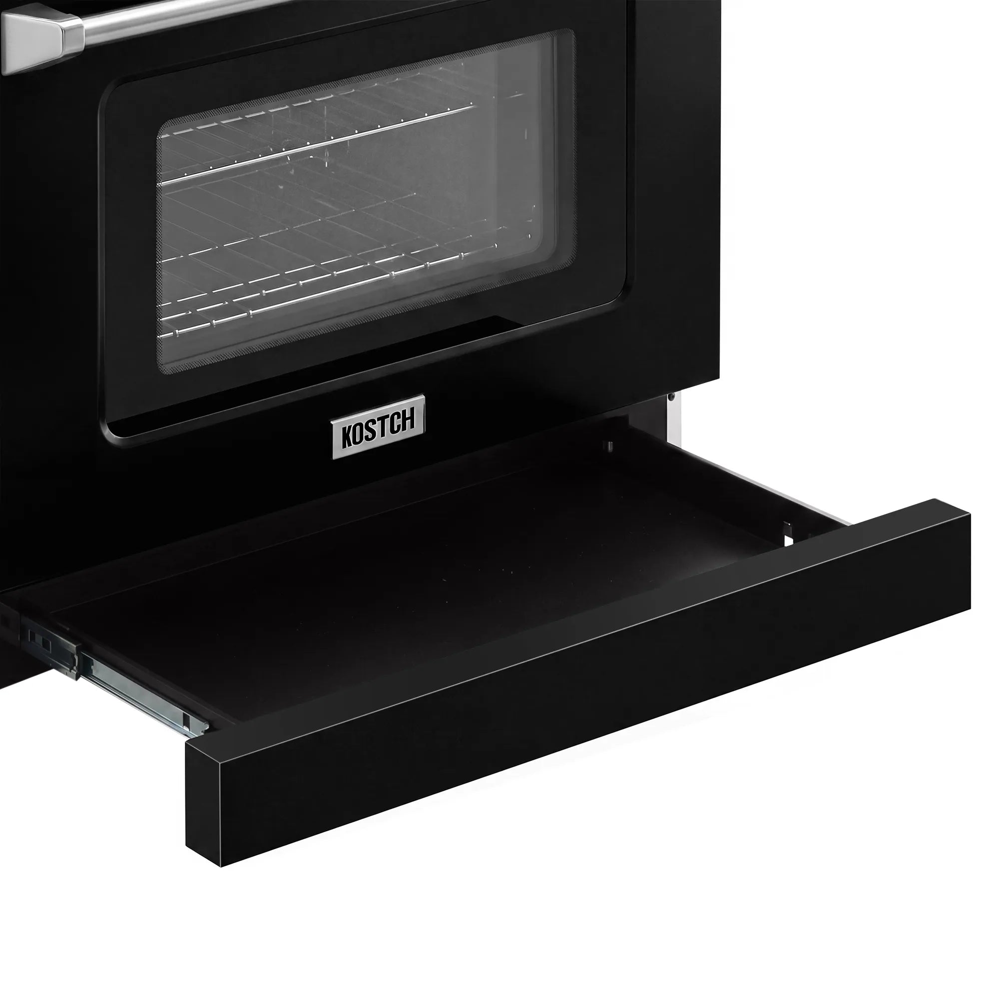Black electric range oven with open door and glass window, visible rack and handle