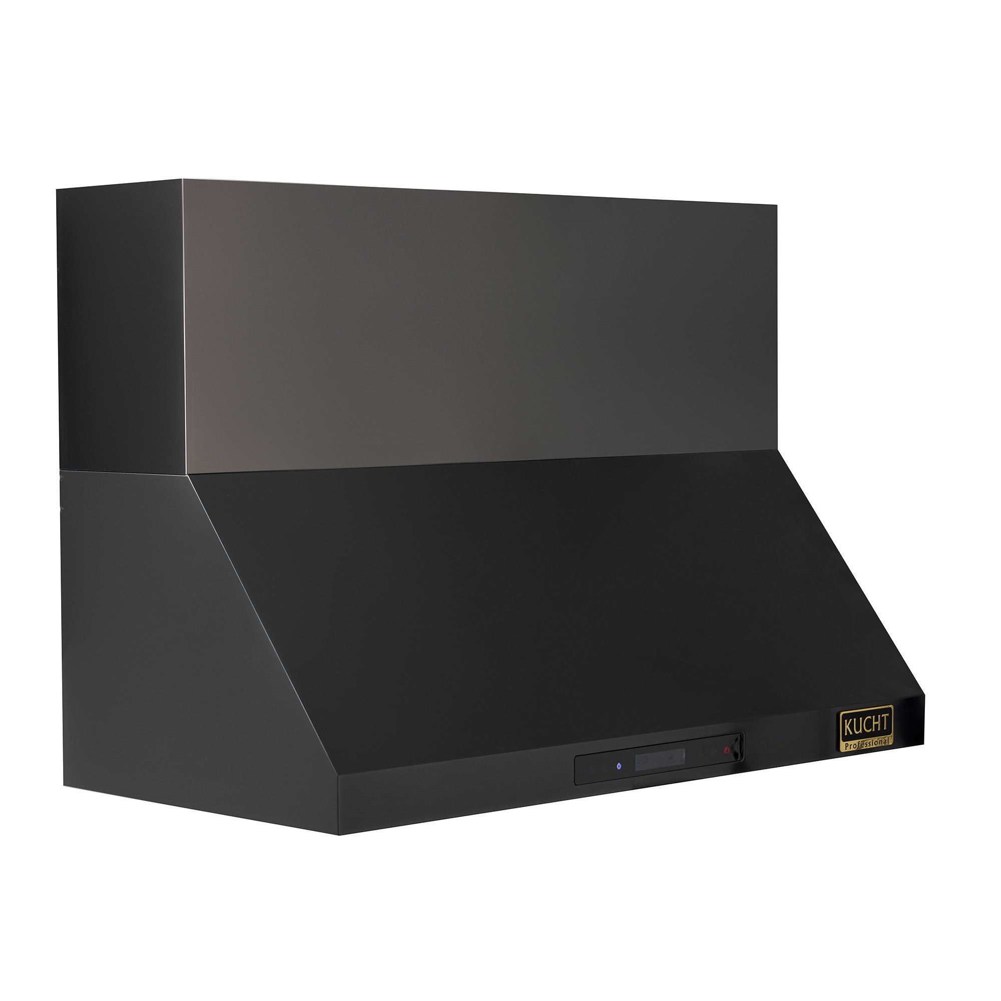 Dark titanium stainless steel wall range hood with angled baffle and logo badge