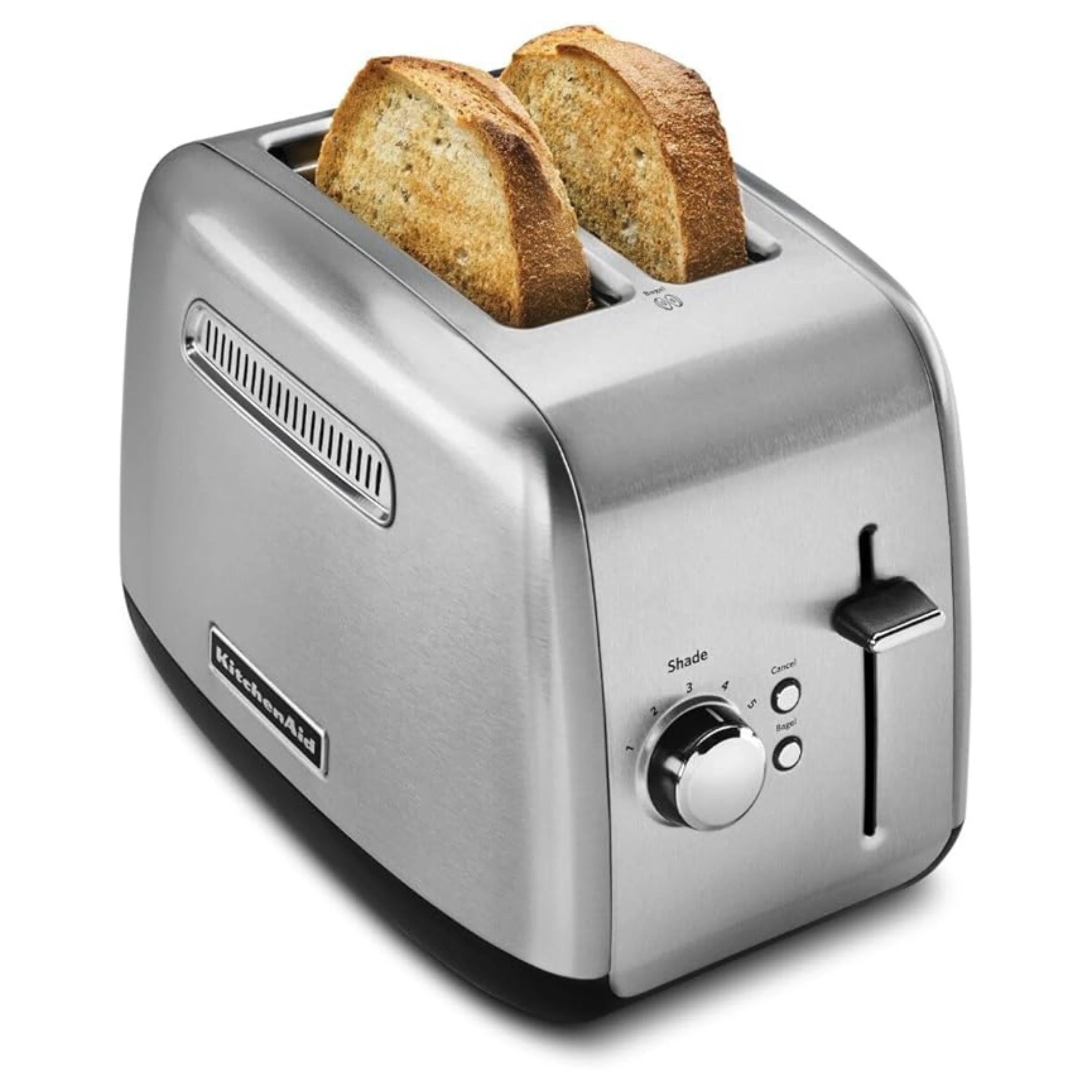 Brushed stainless steel 2-slice toaster with bread in the slots and shade dial