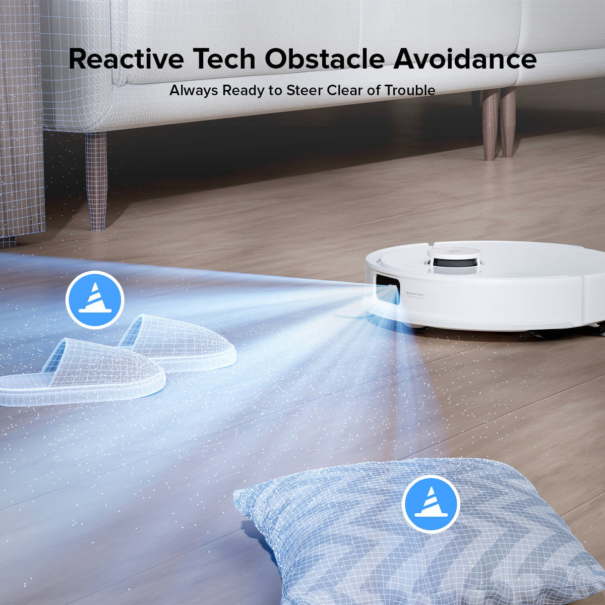 White robot vacuum and mop with obstacle-avoidance beam on hard floor