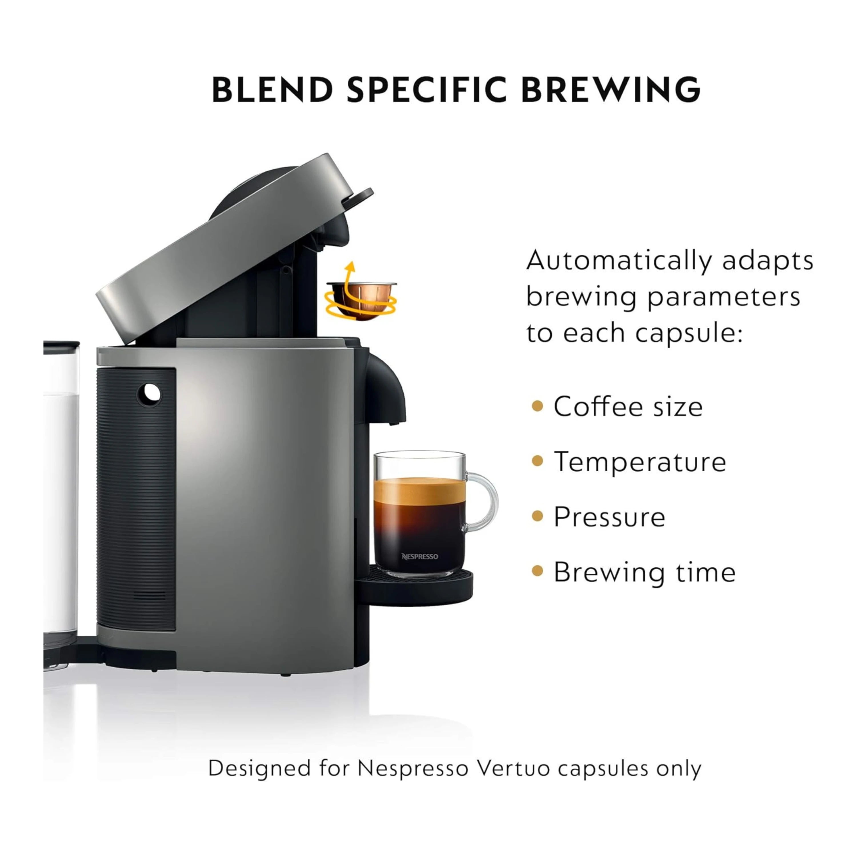 Gray Nespresso VertuoPlus single-serve coffee machine brewing with a cup