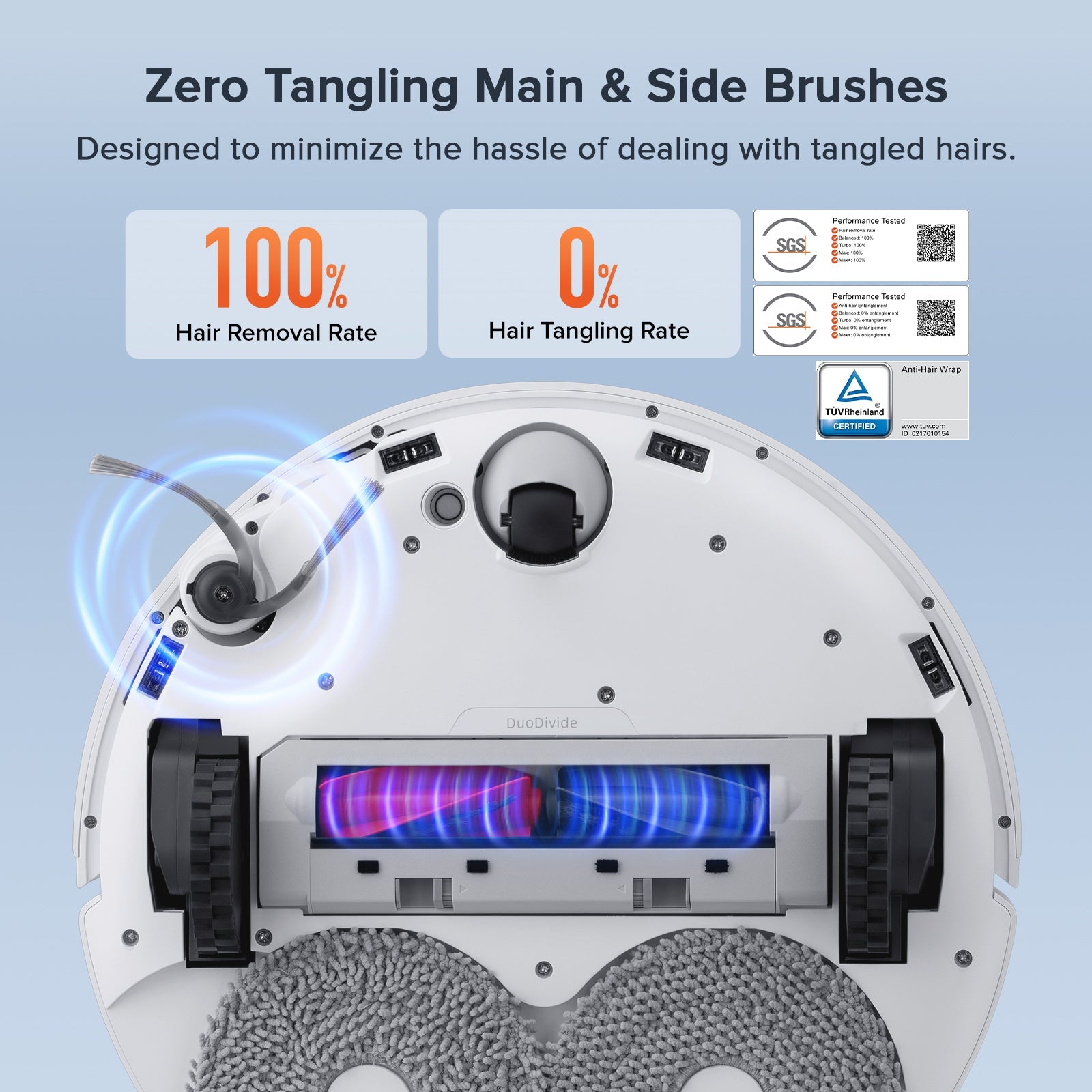 Robot vacuum base with side brushes and cleaning module view, hair-tangle reduction design