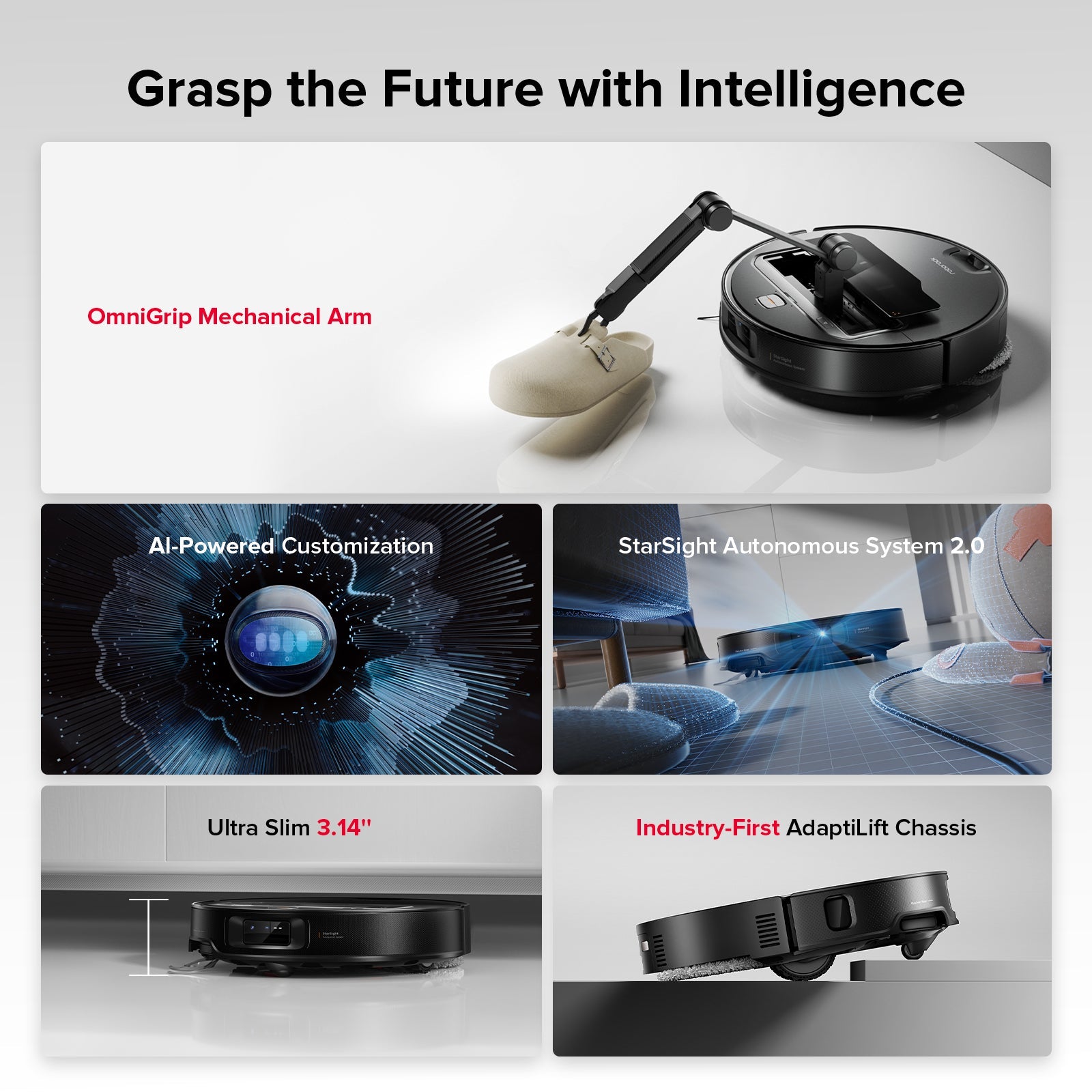 Black robot vacuum with raised mechanical arm and visible cleaning system components