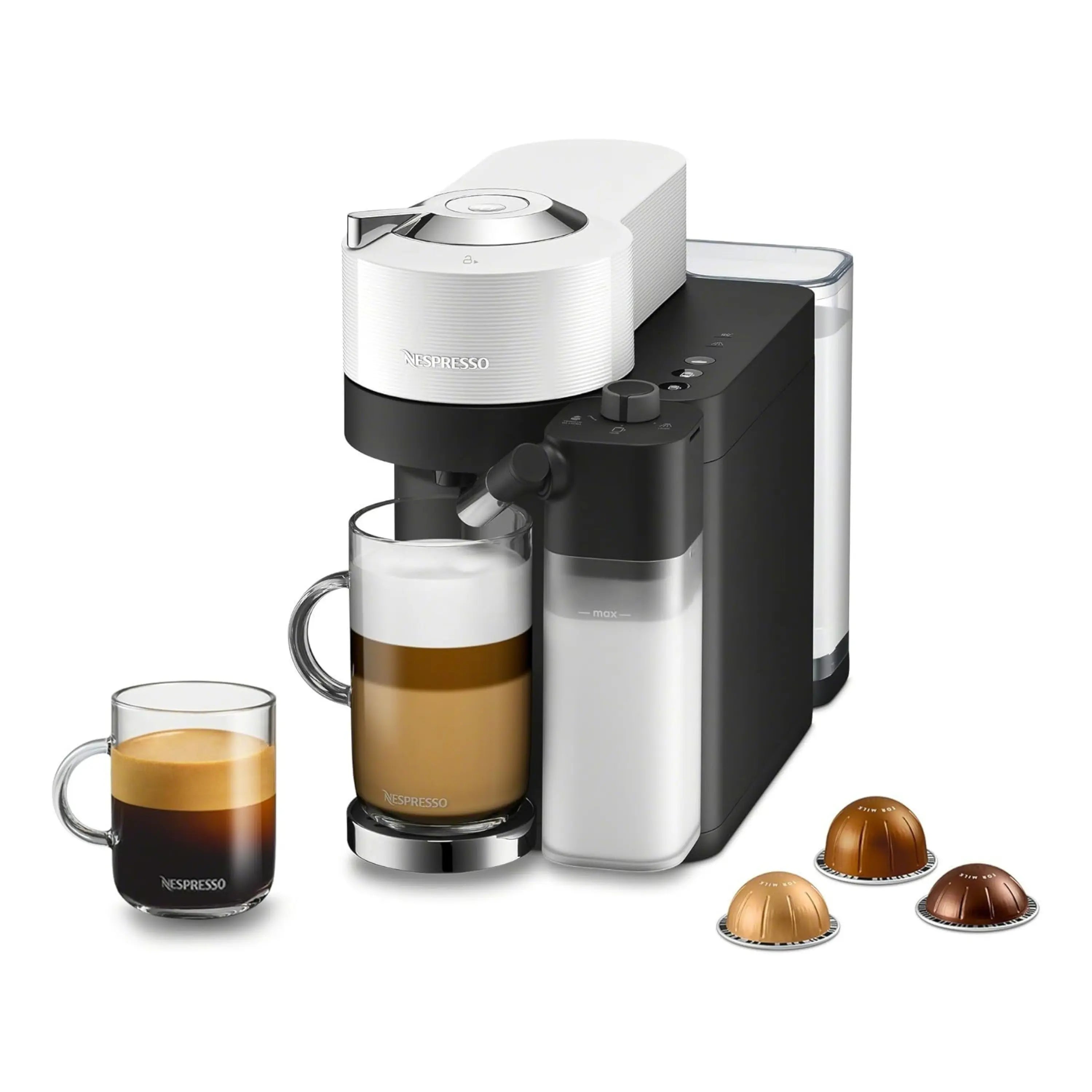 White and black Nespresso coffee machine with two cups and three capsules